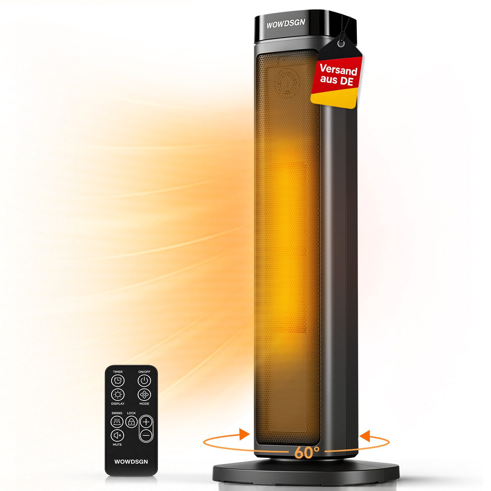 GarveeMore Heizlüfter Turmheizer 2000W, PTC Keramik Heizgerät mit Aufheizen in 2 Sekunden, 2000 W, leise 34 dB, 24H Timer, ECO-Modus, Fernbedienung, Kindersicherung