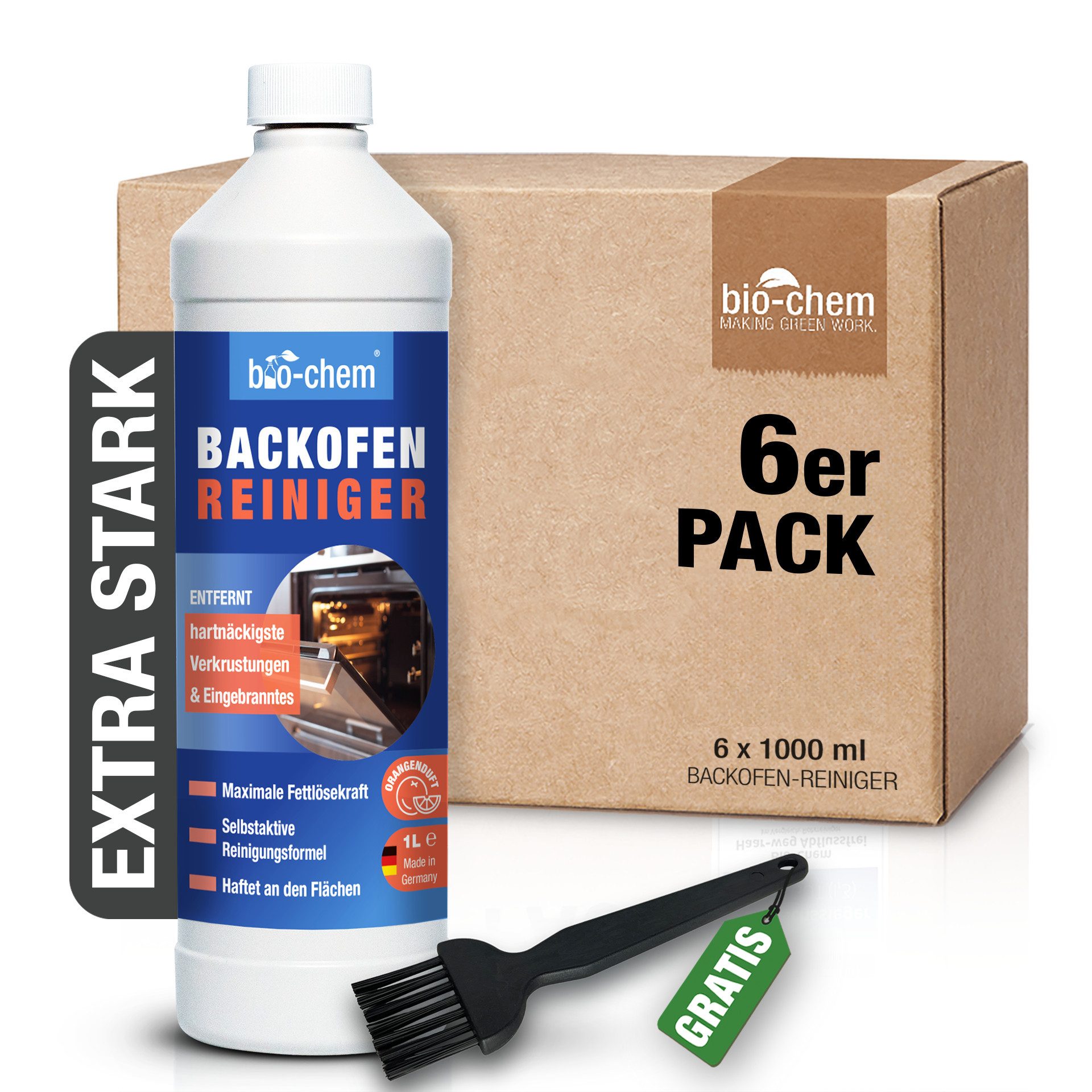 bio-chem Backofenreiniger 1000ML – EXTRA STARK ohne Schrubben Backofenreiniger (Starker Fettlöser, [- Backofenreiniger 6x 1 L + Pinsel schwarz Extra starke Fettlösekraft)