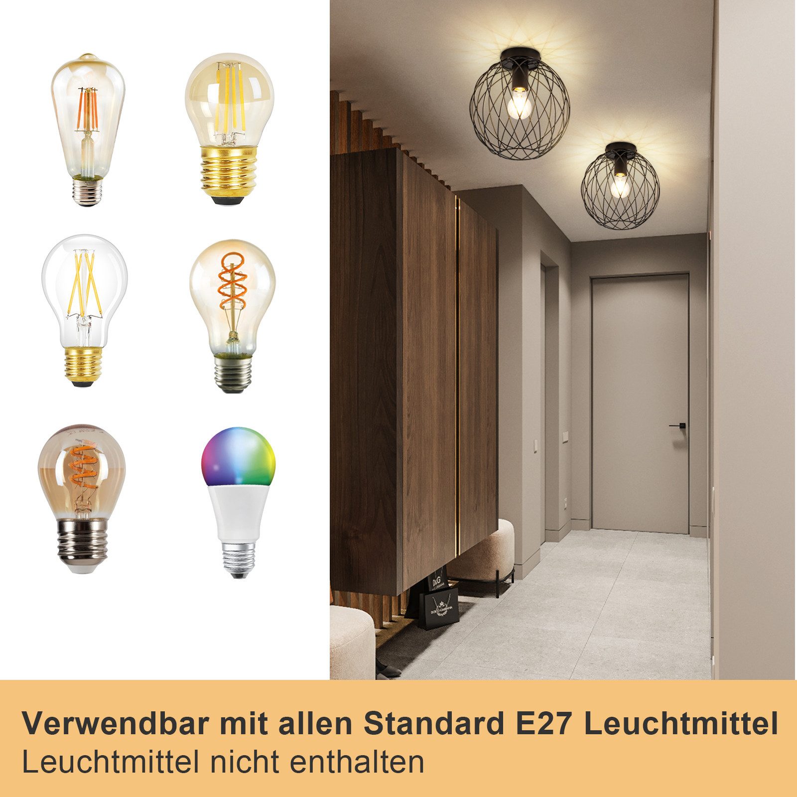 Nettlife Deckenleuchte 1 Flammig Deckenlampe Vintage E27 Flurlampe Schwarz Flur Küchenlampe, LED wechselbar, Flur Schlafzimmer Küche – Bild 5 von 5