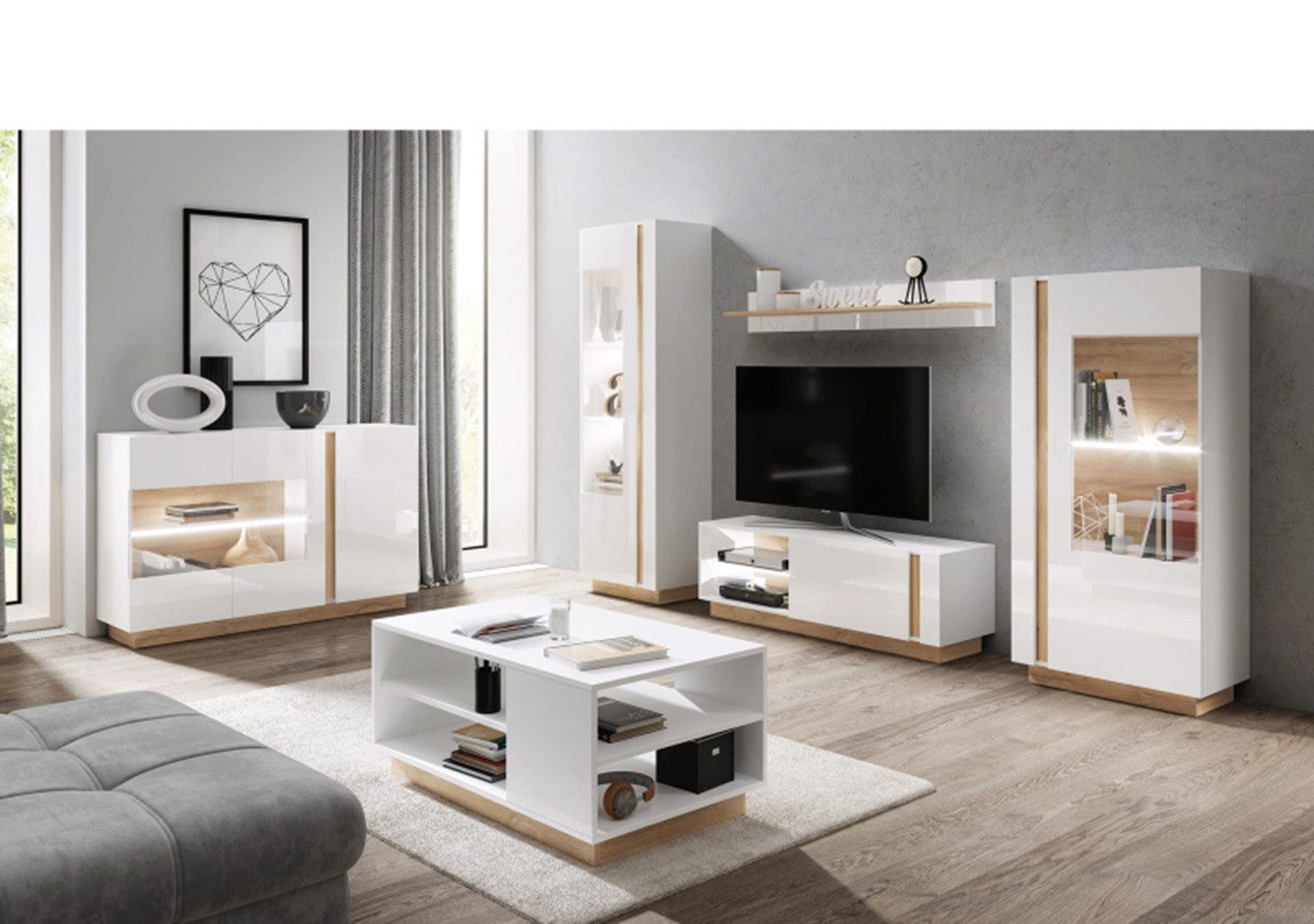 ROYAL24_MARKT Wohnzimmer-Set - Wohnwand - Couchtisch - Kommode / Premium Wohnzimmer 2024, (Komplett Set, 6-St., BASIC Pro), Gemütlich und elegant eingerichtet