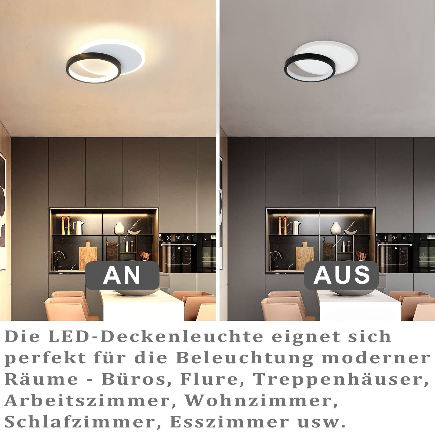 Acryl Modern LED Deckenleuchte LED Ringe, fest 12W Schwarz Warmweiß, integriert, Weiß Wohnzimmerlampe, ZMH Design 2
