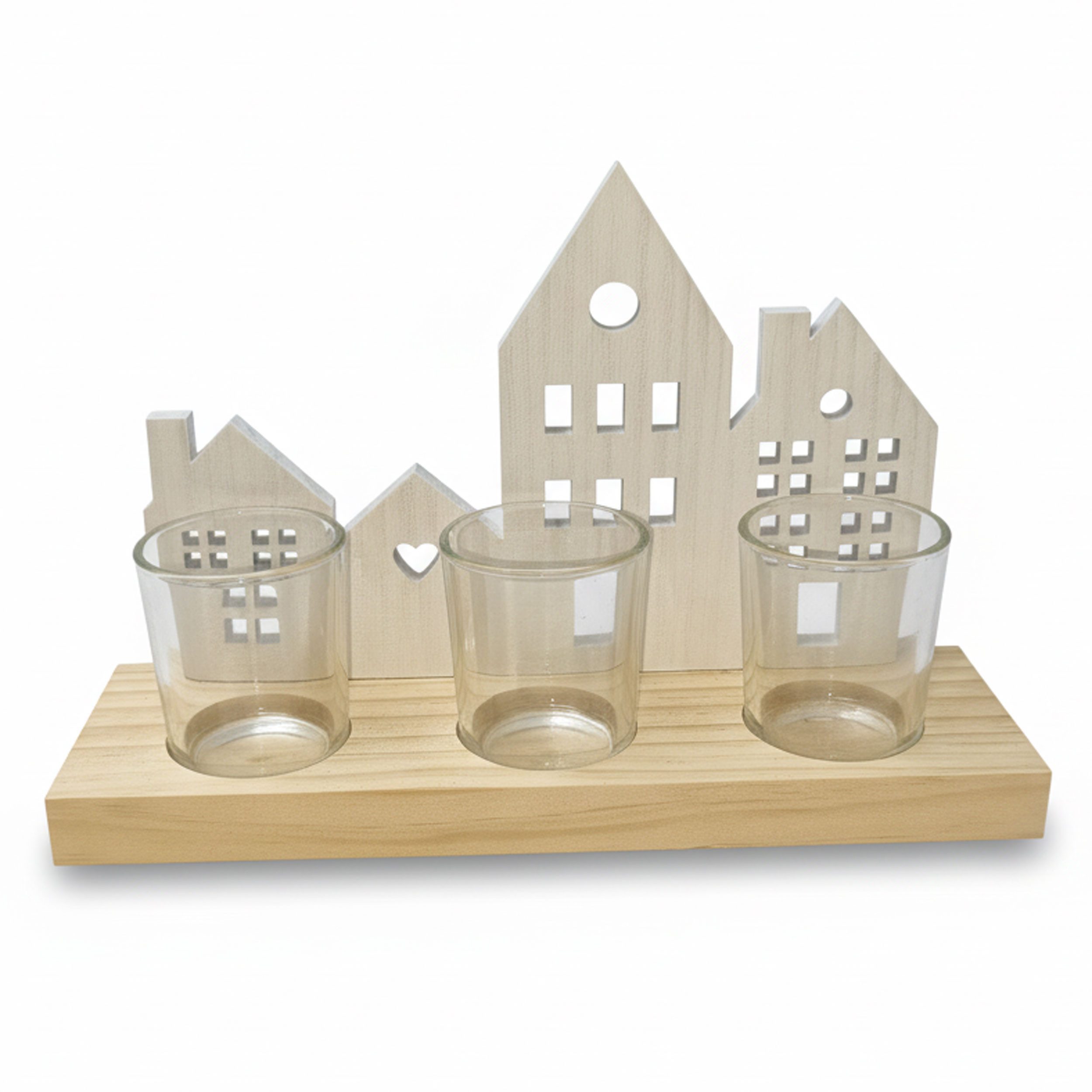 B&S Teelichthalter Teelichthalter / Häuser Silhouette / 17 cm / Holz / Weiß (1 St)