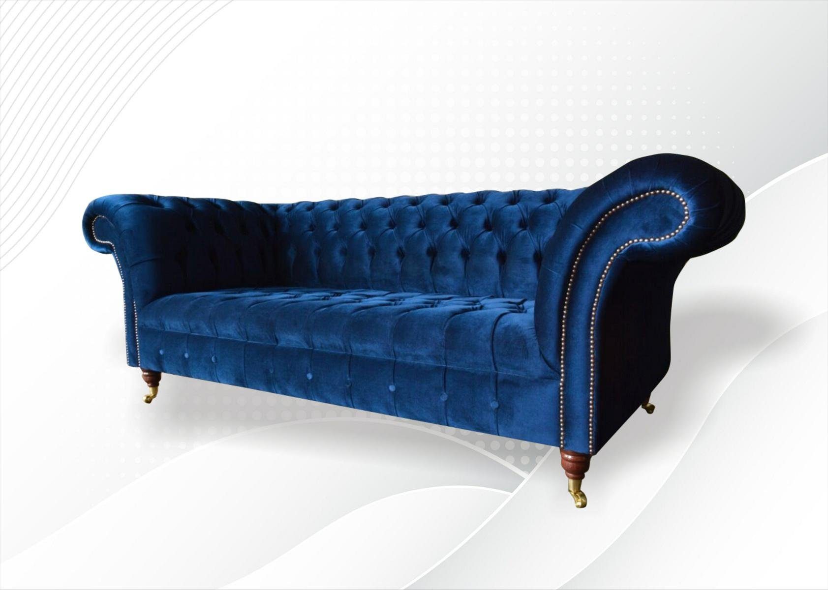 JVmoebel Chesterfield-Sofa Blauer Chesterfield Made Design in Europe Samt, Möbel Neu Dreisitzer