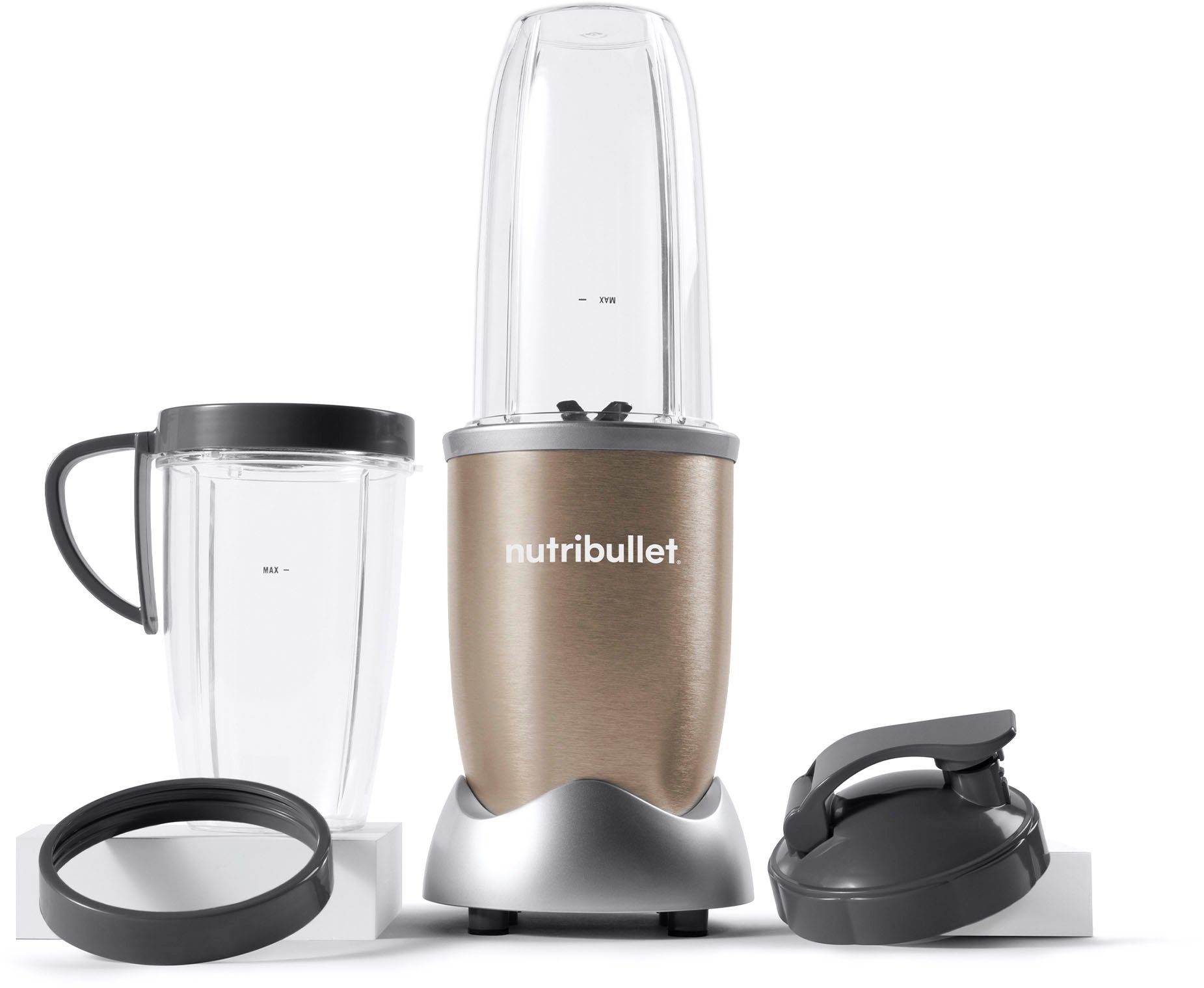 nutribullet Standmixer Pro NB907CP - kompakter Mixer, 900W, 2 Mixbecher(700+925ml),Champagner, 900 W, Drücken, drehen, mixen, starker Motor,Becher+Zubehör spülmaschinenfest