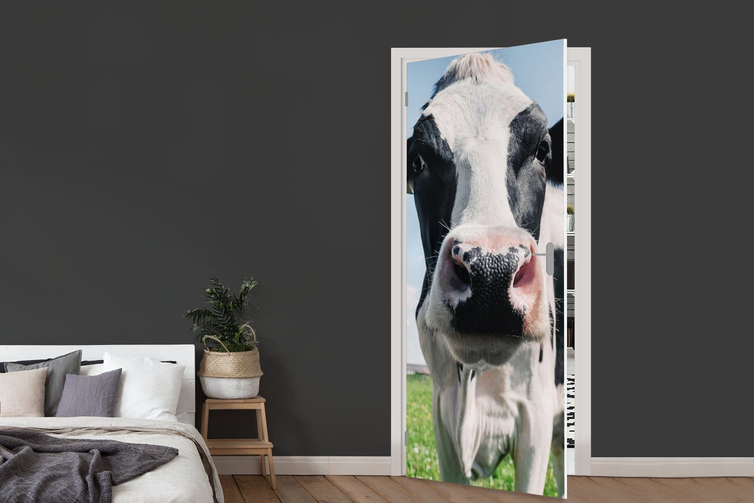 MuchoWow Türtapete Kuh - (1 für - Wiese - Natur Gras, St), cm Tür, Tiere Türaufkleber, Matt, Fototapete - bedruckt, 75x205