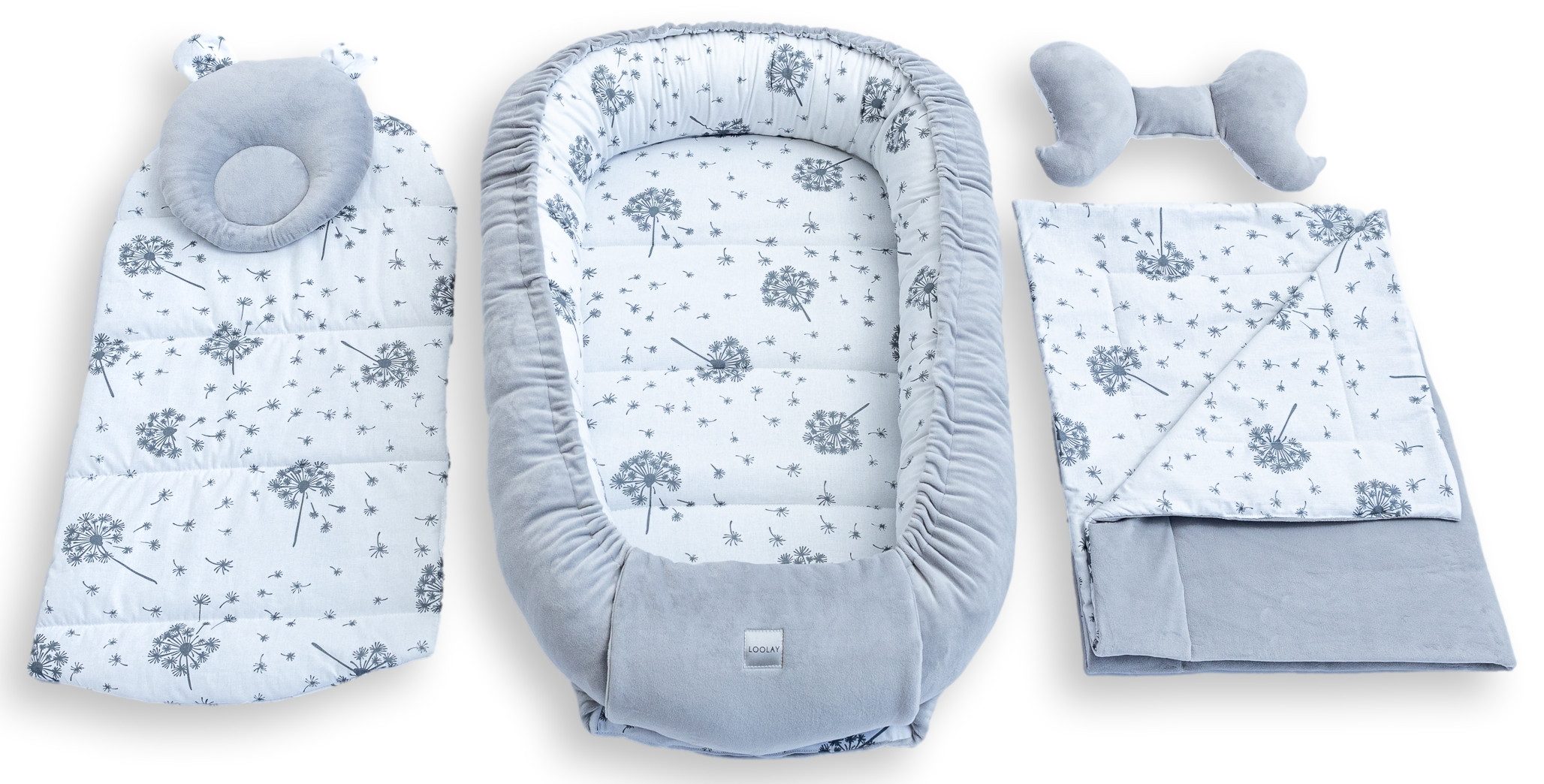 Loolay Kuschelnest BABYNEST 5 TLG. Set PREMIUM Babyausstattung Baumwolle & Samt Velours, (MUSTER: GRAU Samt Velour/ Pustelblume Weiß, 5-tlg., Liebevoll handgefe – Bild 2 von 5