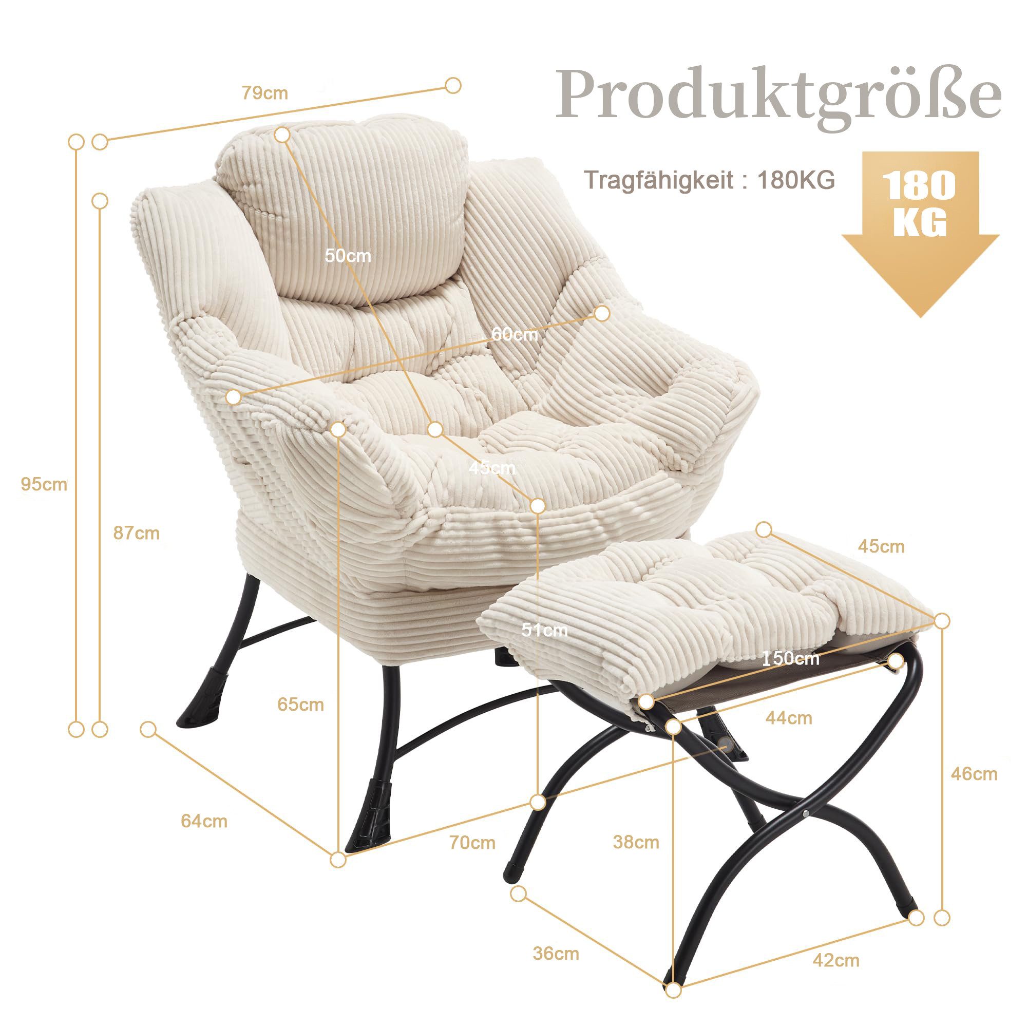 LVHOM Loungesessel Relaxsessel mit Hocker: Verbreitert/Sanftes Design,praktische Ergonomie (Gemütliche, extraweiche Polsterung, rutschfeste Schutzfüße, ergonomische Lehne, Seitentasche (Handy), Hocker als Fußbank/zusätzlicher Sitz, Stahlrahmen bis 180 kg, Sessel: 79x64x95 cm, Hocker: 50x45x46 cm), Ideal für Wohnzimmer, Schlafzimmer & Spielzimmer