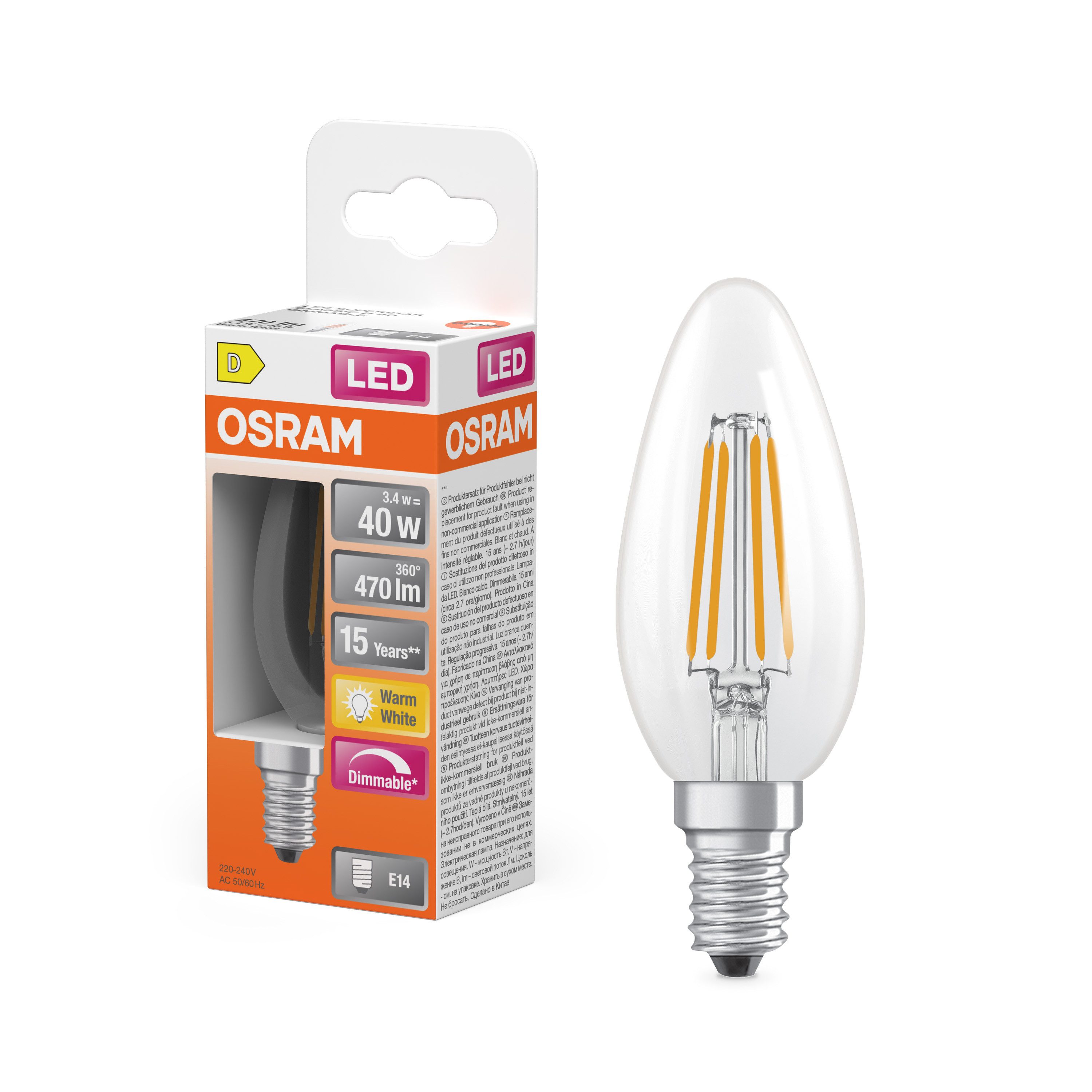 Osram LED-Leuchtmittel LED Retrofit CLASSIC Kerzenform, E14, 1 St., Warmweiß