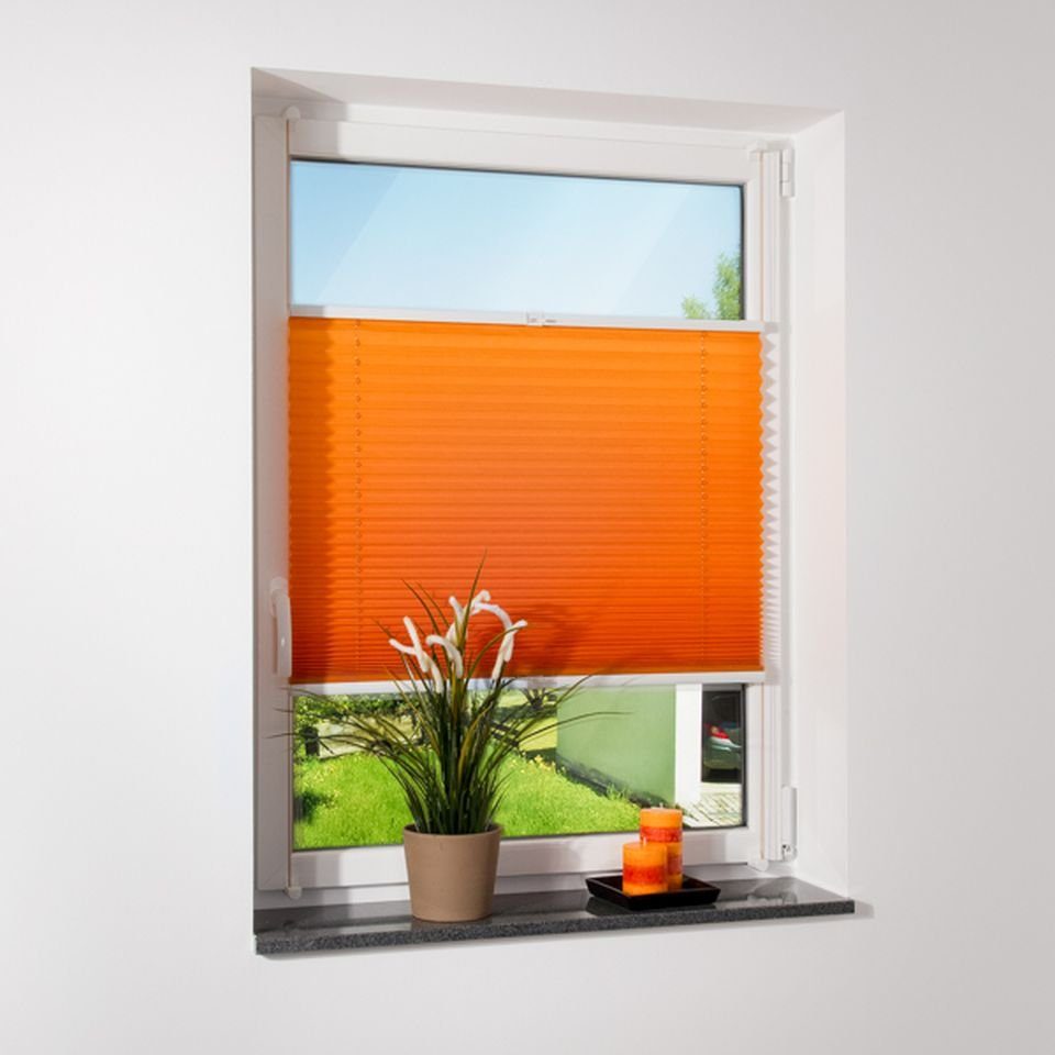 inkl. Faltrollo ohne Klemmfix Klemmträger, Plissee Premium Bohren Plissee orange ventanara