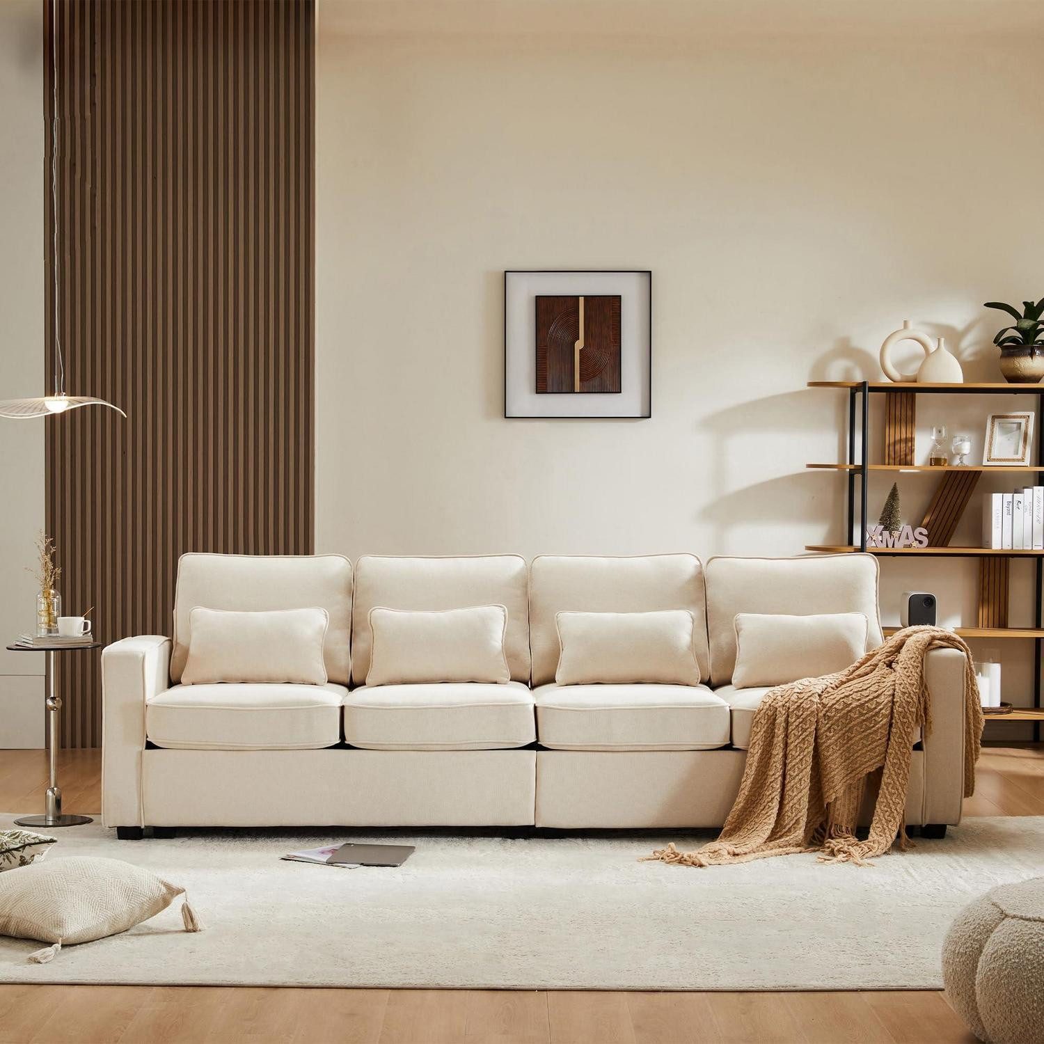 LuxusKollektion 4-Sitzer 4 Sitzer Sofa 264cm XXL Leinenstoff Seitentaschen Beige 4-sitzer-sofa