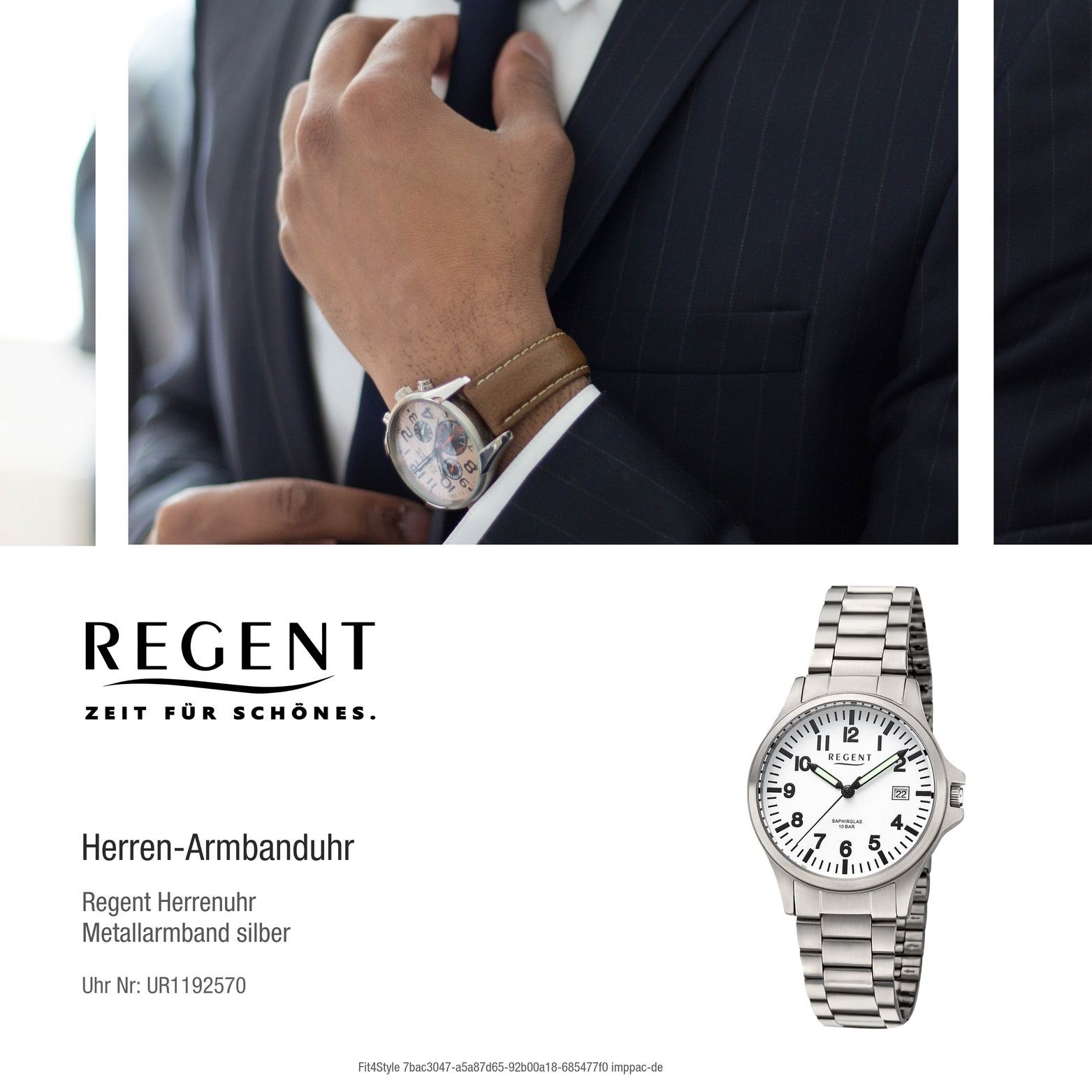 Regent Quarzuhr Regent Herren Armbanduhr groß Herrenuhr Analog, silber, Metallarmband Gehäuse, 36mm) (ca. extra rundes