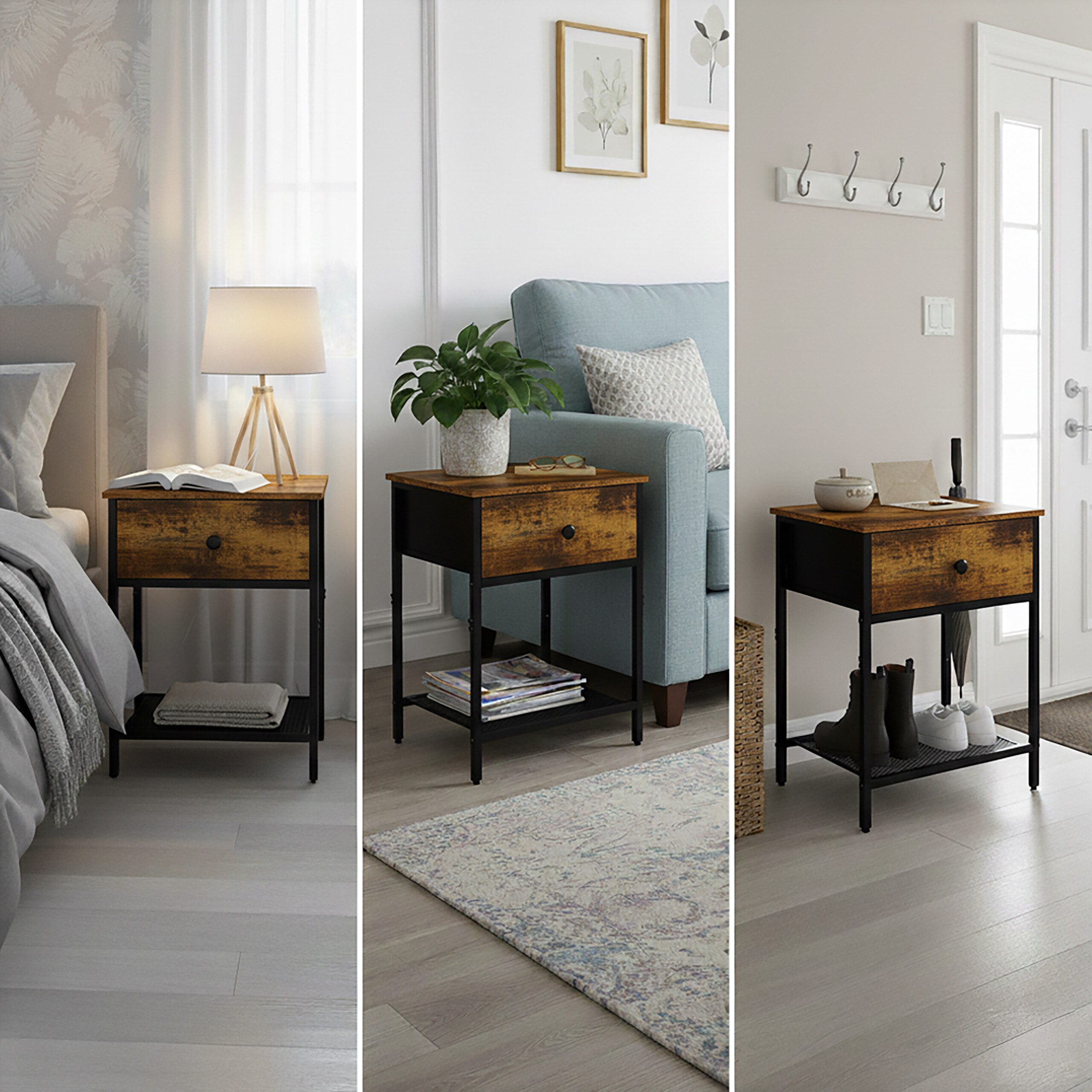 relaxdays Nachtkommode Nachttisch 2er Set Schublade & Ablage, Industrial-Schwarz