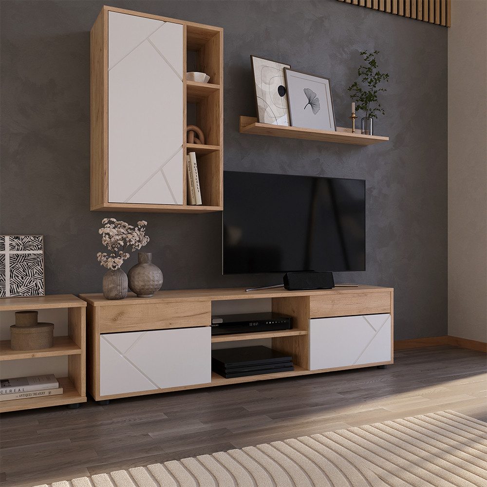 Vicco Wohnwand Berno, Goldkraft Eiche/Weiß, 2 Teile, (1-St)