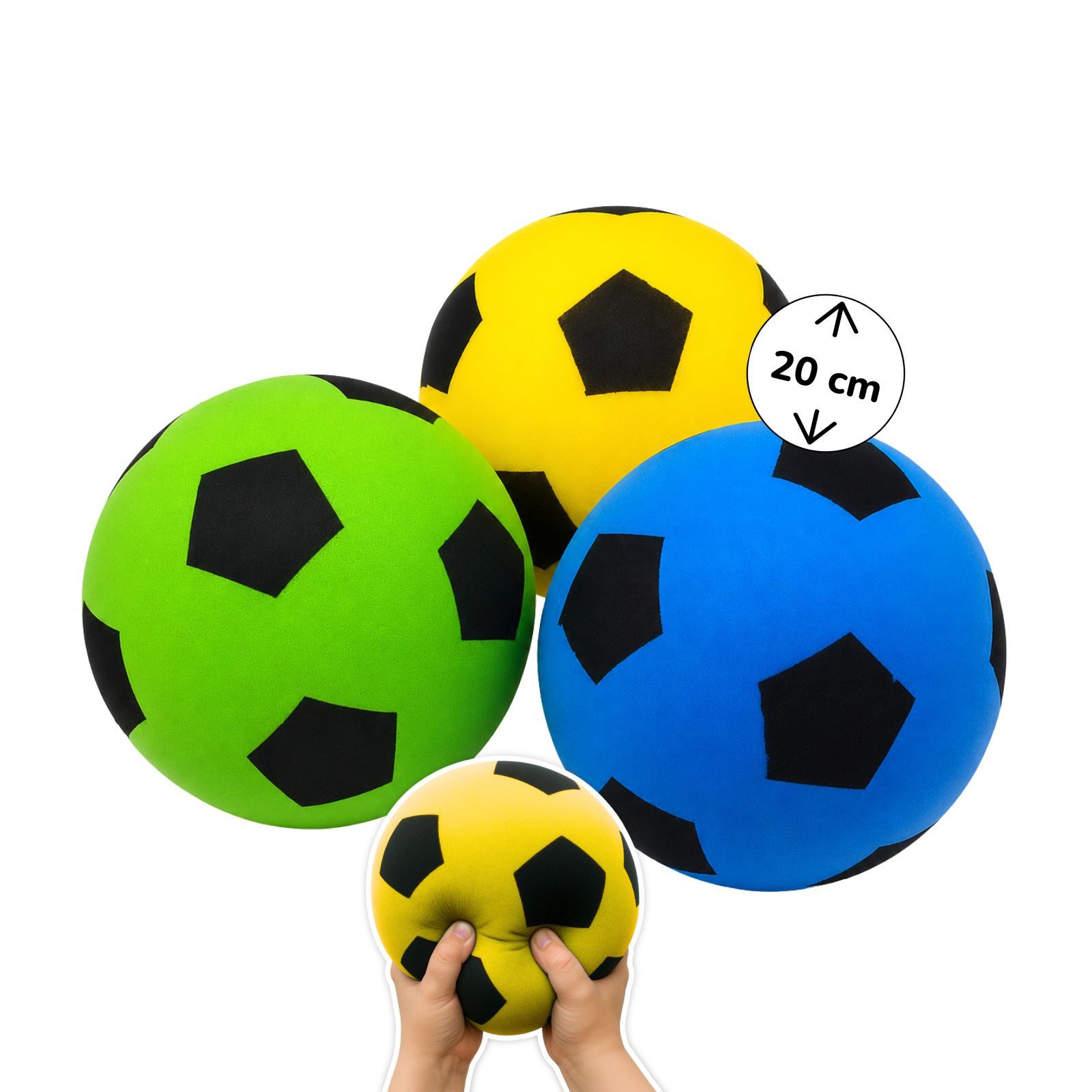 alldoro Softball Schaumstoff-Ball 3er-Set Ø 20 cm, weiche Soft-Fußbälle für Kinder ab 0, Sichere Kinderbälle in gelb, grün & blau für drinnen & draußen