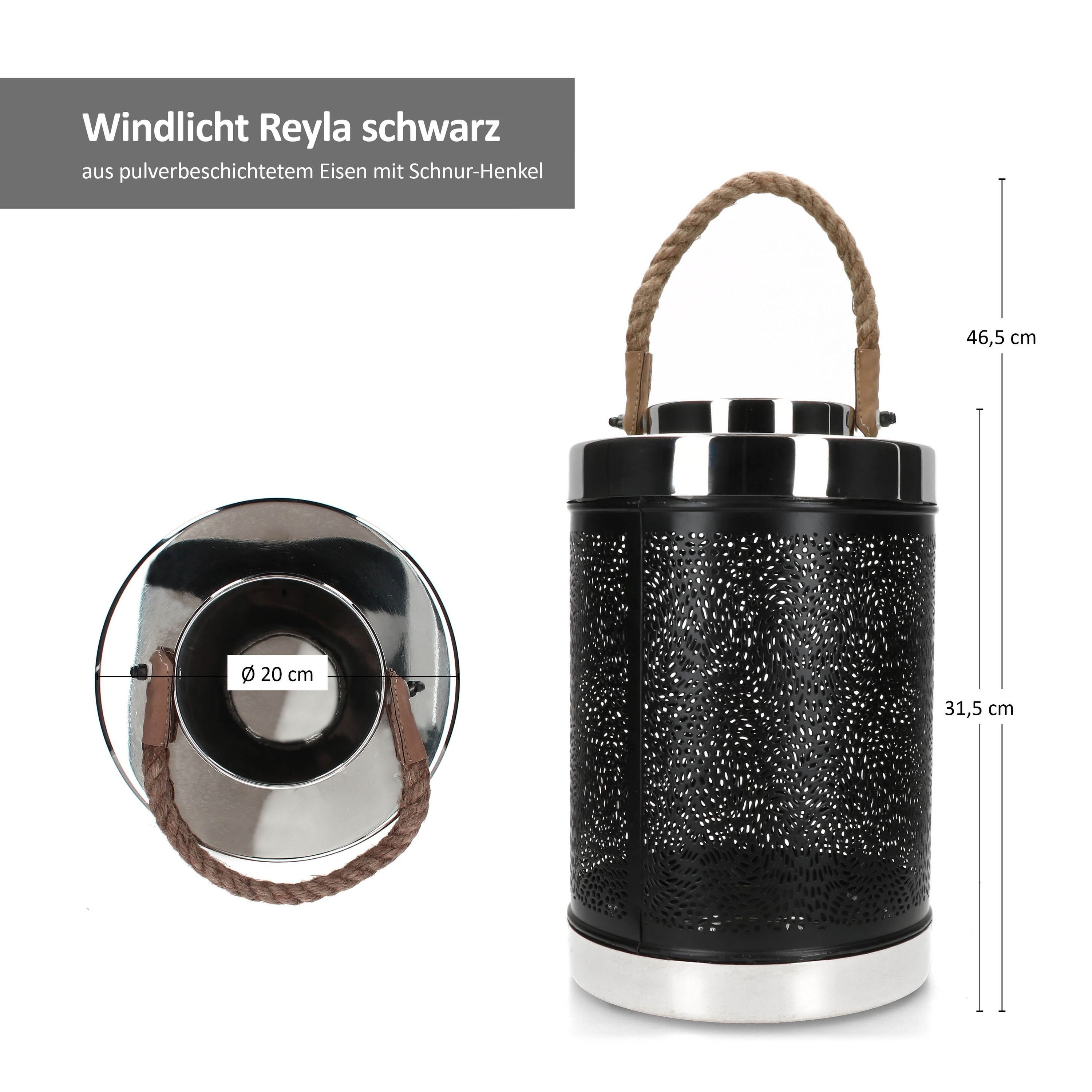 BOLTZE Teelichthalter Windlicht Reyla groß schwarz Kerzen-Ständer Laterne H31,5 Ø20cm