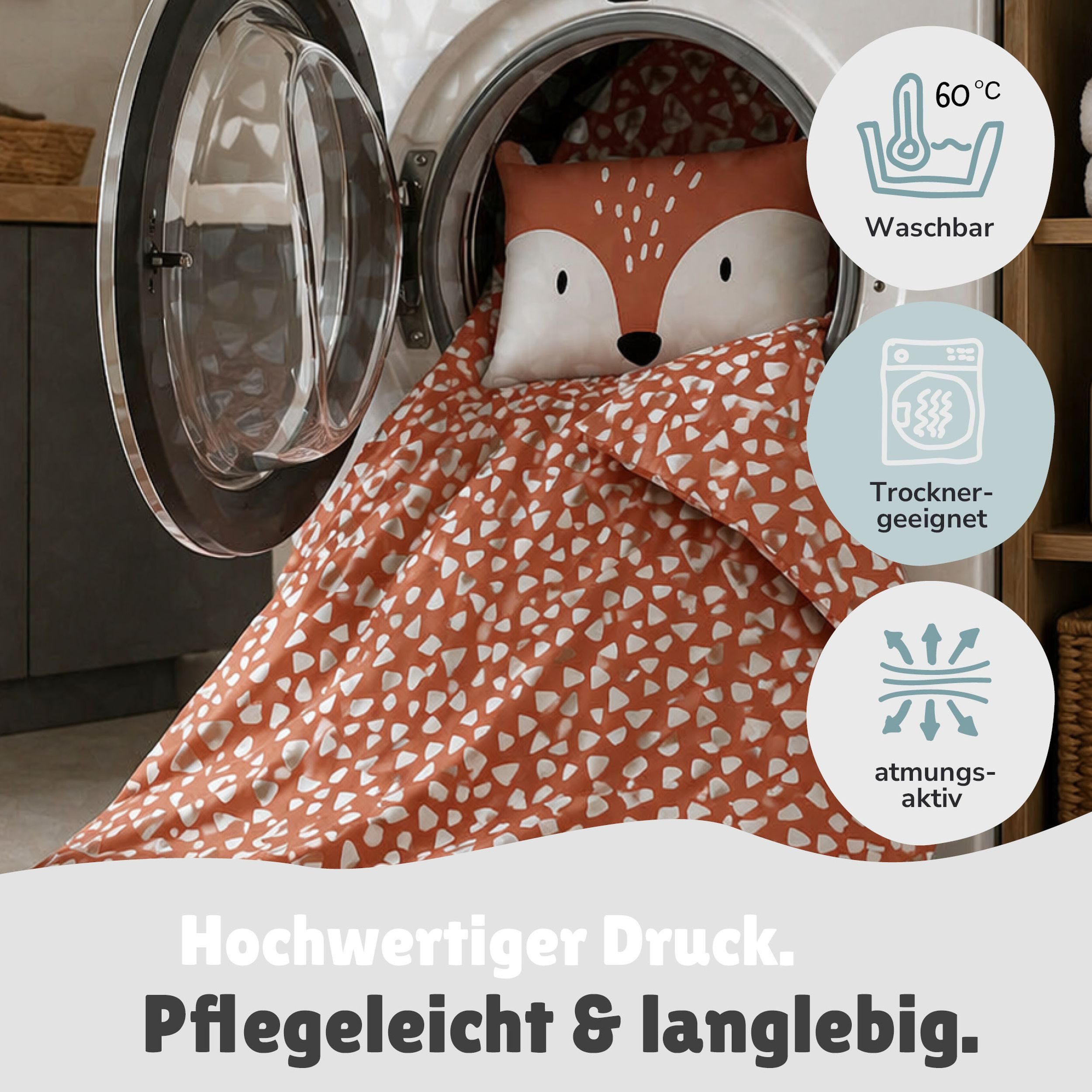 Familando Babybettwäsche little Fox 100x135 40x60cm niedlicher Fuchs mit Ohren, Renforcé, 2 teilig, mit liebevollem Motiv & süßen Details – Bild 5 von 5