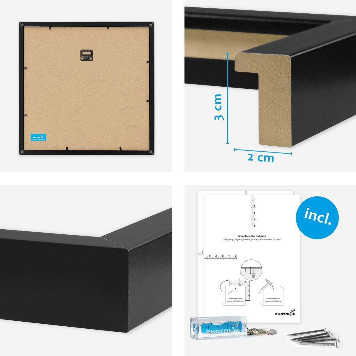 PHOTOLINI Bilderrahmen 3er Set 30x30 / und 40x40 20x20, mit cm Schwarz 3D-Rahmen Passepartout