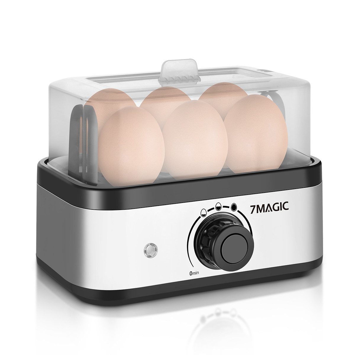 7MAGIC Eierkocher Eierkocher elektrisch, Edelstahl Eierkocher, Heizfunktion, Signalton, Anzahl Eier: 6 St., 400,00 W, Drehregler für drei Härtegrade, BPA-Frei Spülmaschinenfest, Messbecher