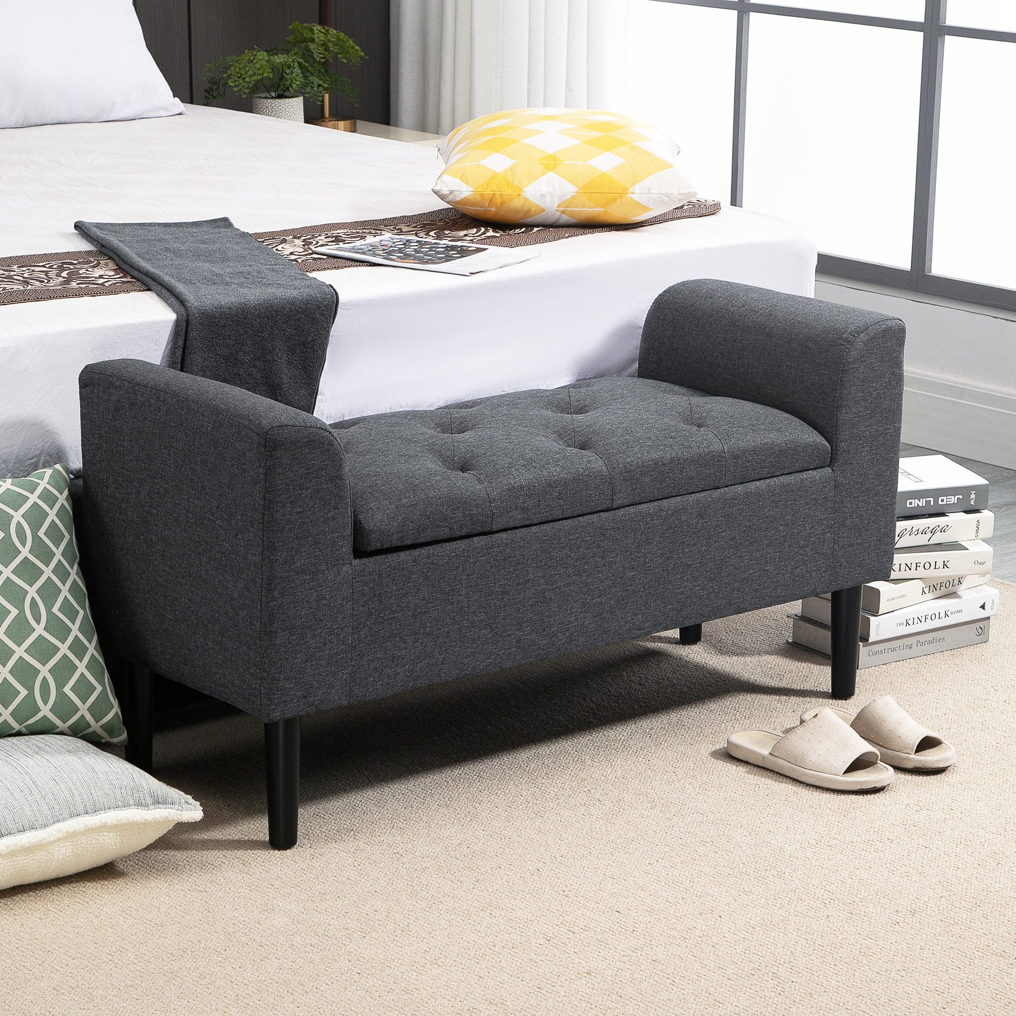HOMCOM Sitzbank Stauraum, Leinenoptik, Holzbeine, Bettbank belastbar bis 130 kg (Polsterbank, 1-St., Sitzhocker), für Wohnzimmer Schlafzimmer Flur, 116 x 44 x 58 cm Dunkelgrau