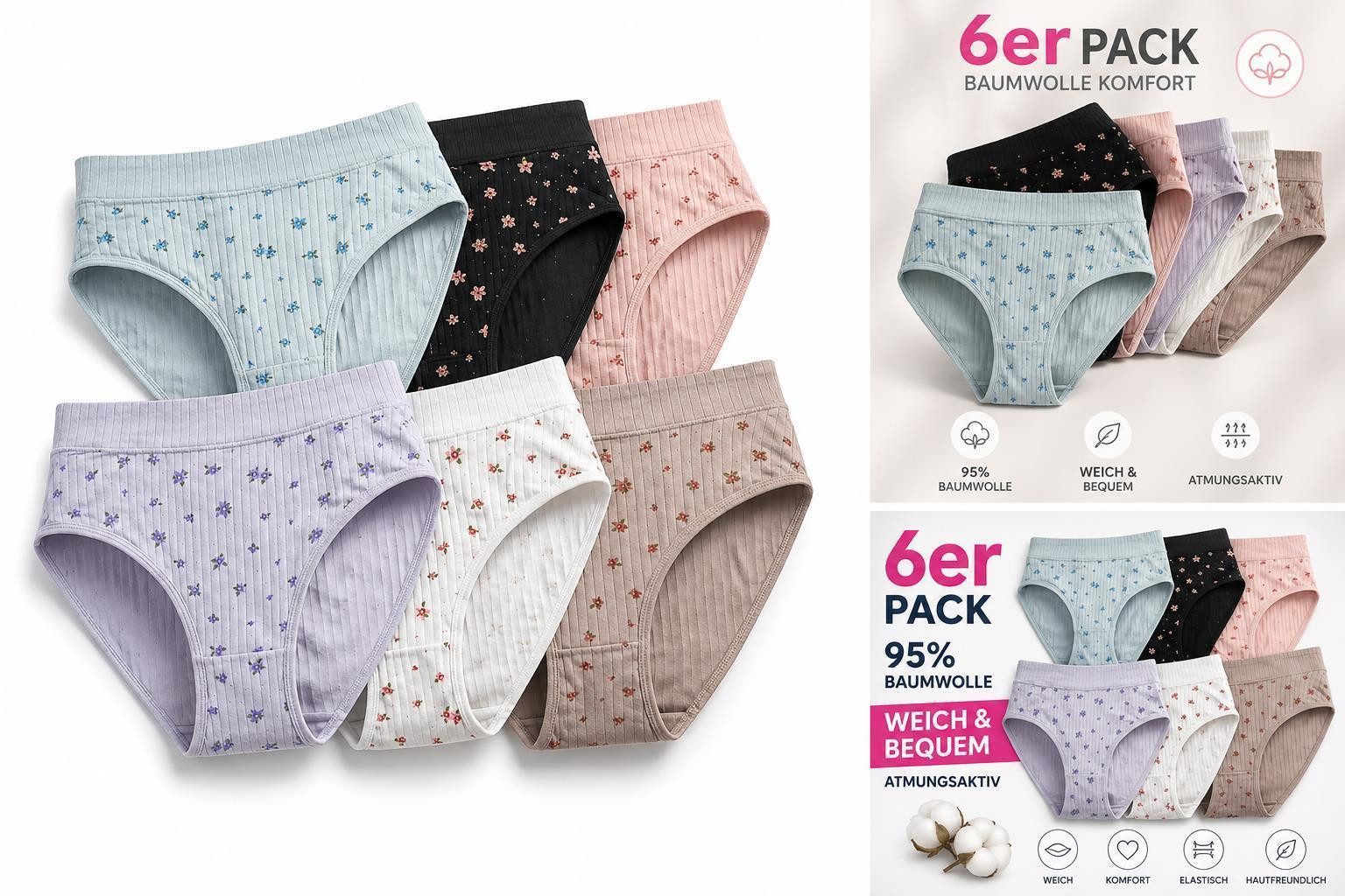 EloModa Taillenslip Damen Slips 6er Pack Baumwolle – bequem & atmungsaktiv (6-St) atmungsaktiv, hautfreundlich, elastisch, formbeständig