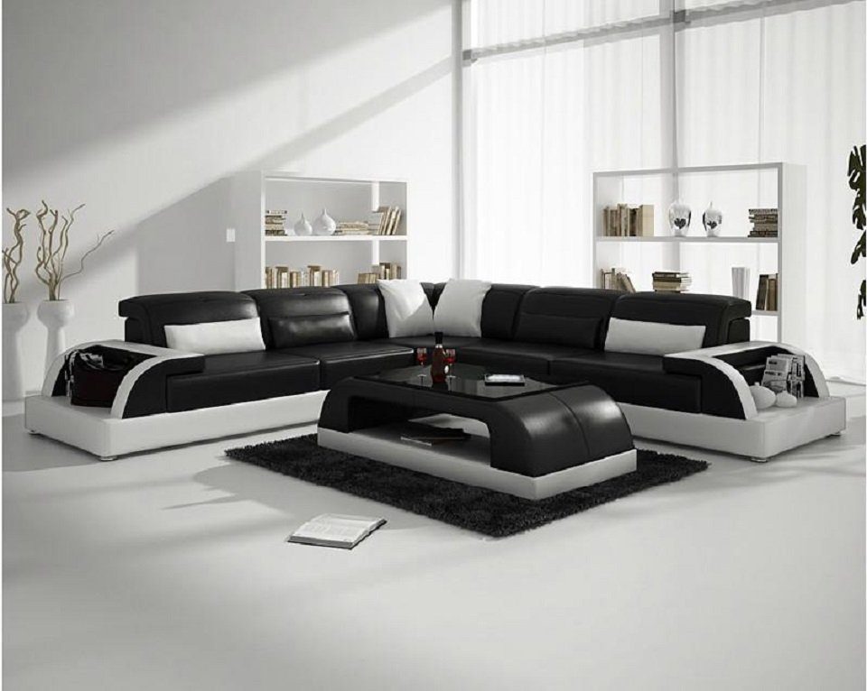 JVmoebel + Design Polster Schwarz/Weiß Couchtisch Sofa Ecksofa Couch Modern Leder L-Form Wohnzimmer-Set
