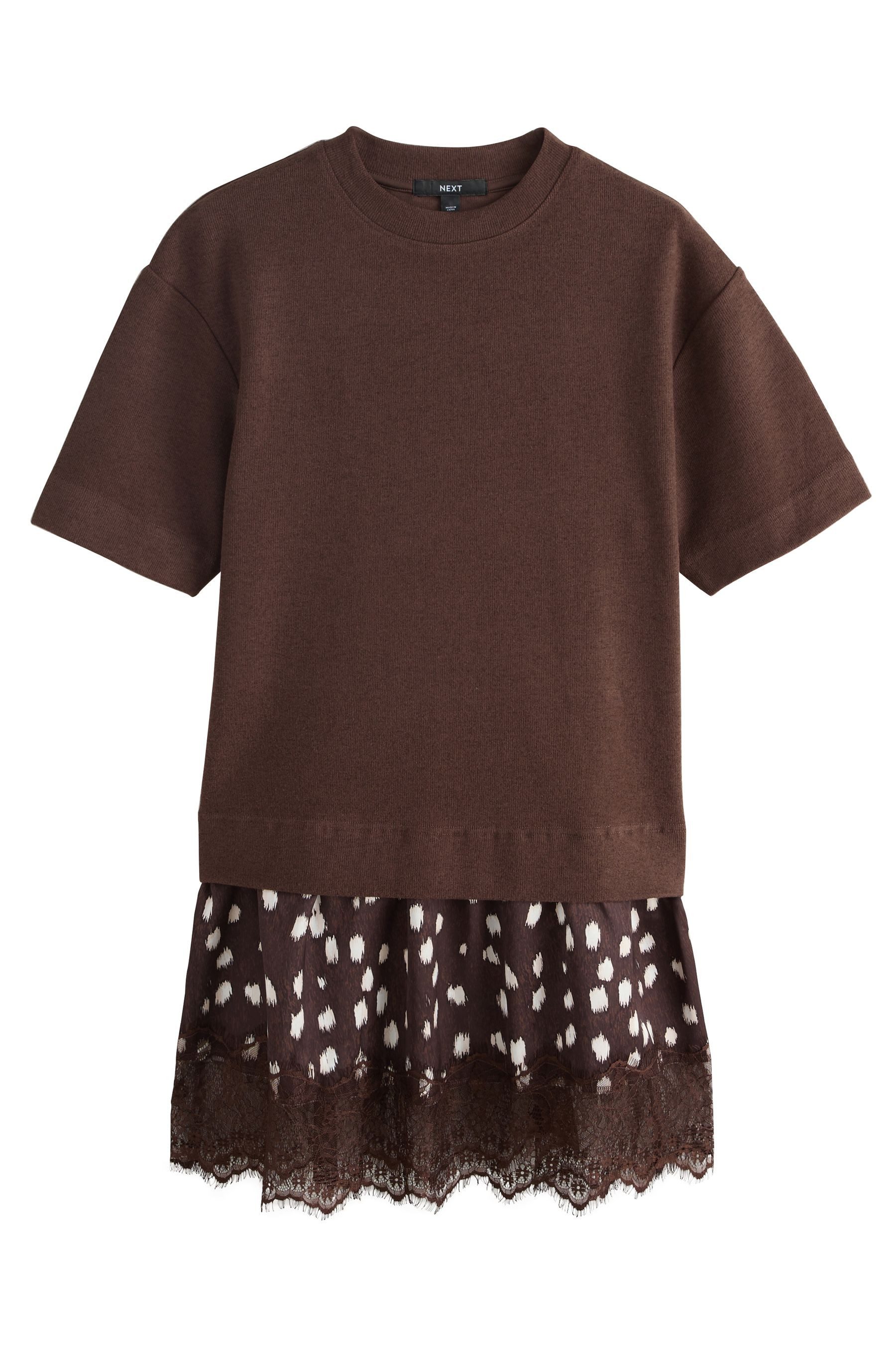 Shirtkleid Weicher 2-in-1 Kurzarm-Pullover mit Spitzenrock