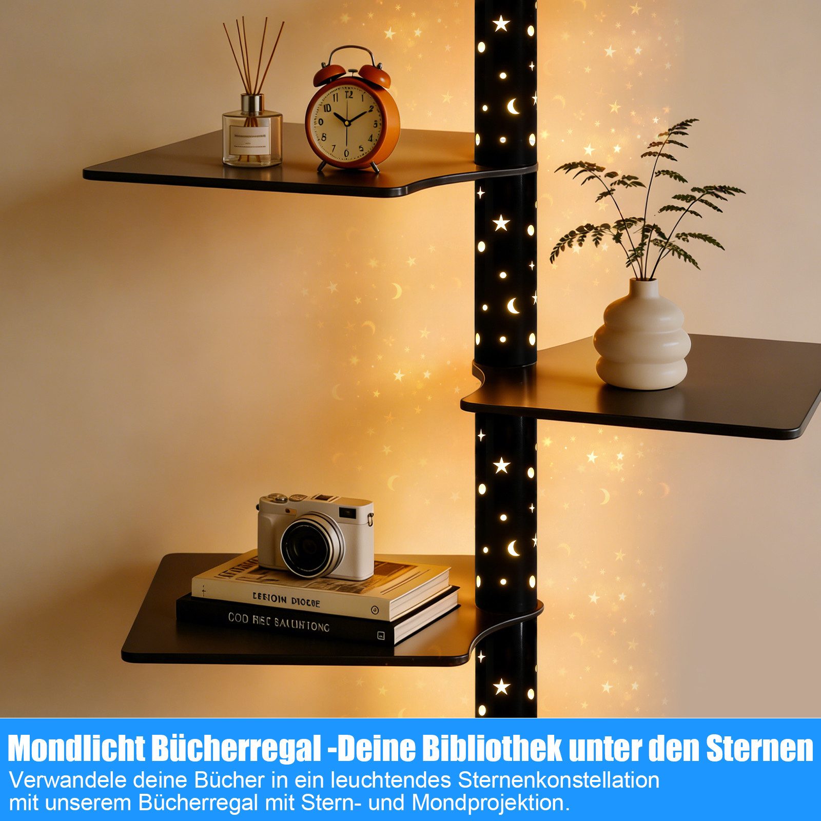 XIIW Bücherregal 1.8M LED STERNENLICHT Standregal CD DVD Kind Drehbar Regal Bücherturm, 9 Ablagen Vertikaler Bücherregal für Kinderzimmer, Wohnzimmer Schlafzimmer Freistehend Modern Design