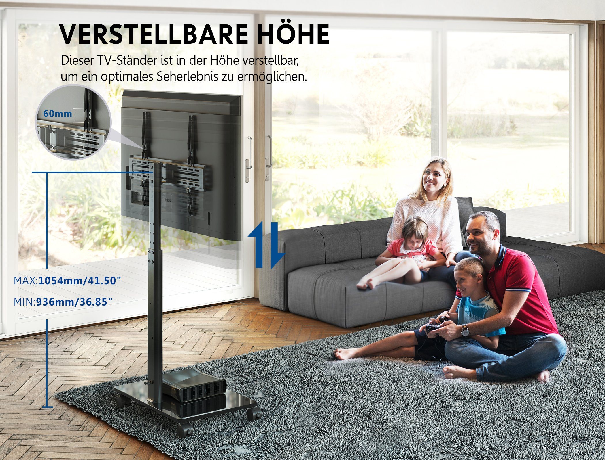 FITUEYES TV-Ständer TV-Rollwagen mit Rollen, 32-60 Zoll, (bis 60,00 Zoll, höhenverstellbar, ±35° schwenkbar) – Bild 3 von 5