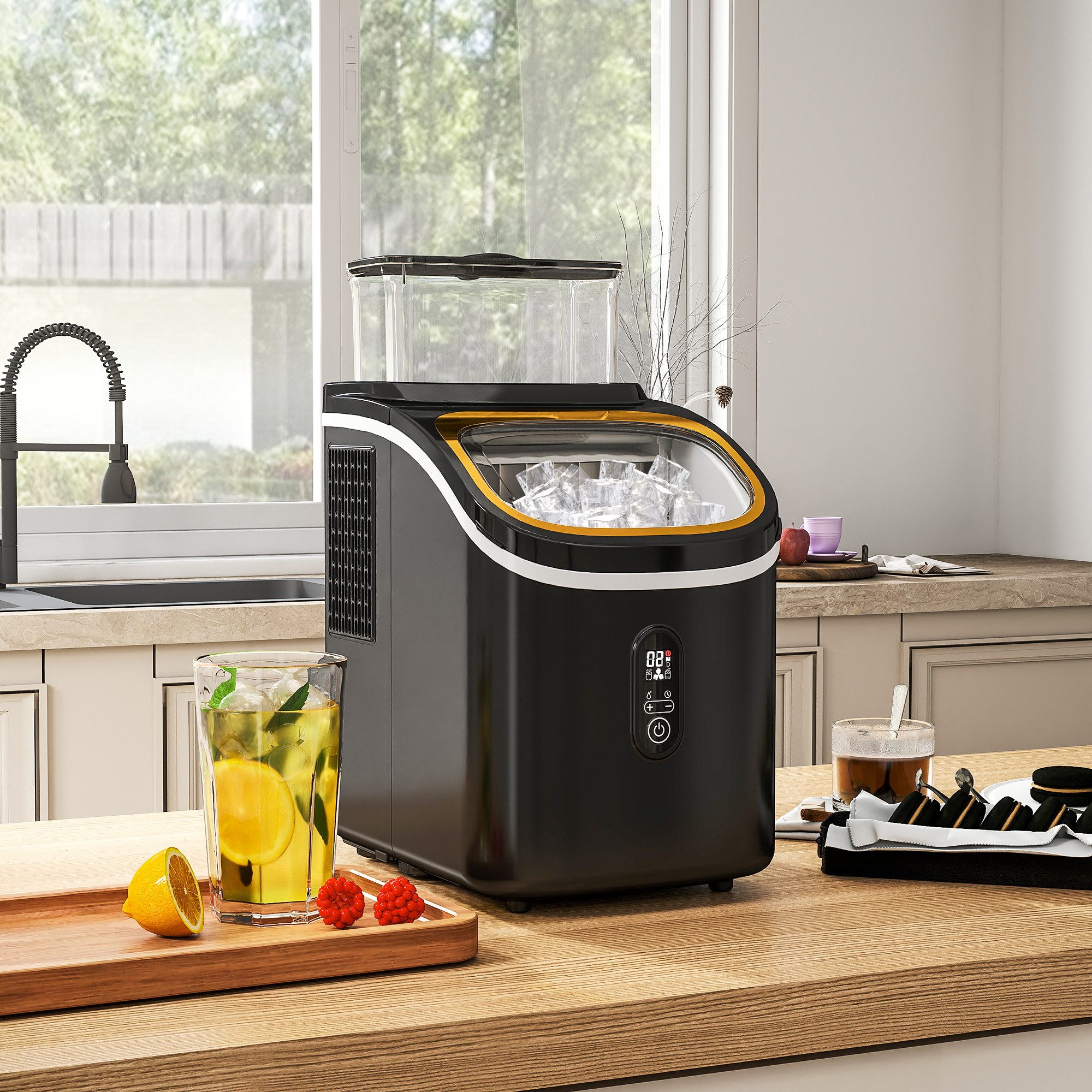 HOMCOM Eiswürfelmaschine Eiswürfelbereiter für die Arbeitsplatte mit 15 kg/24 Stunden, Eisschaufel, Korb für Zuhause, Küche, Party