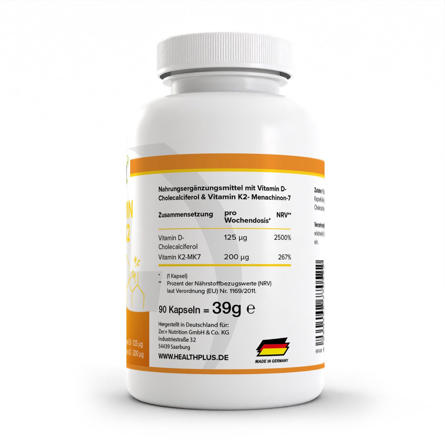 Zec+ Nutrition HEALTH+ VITAMIN D3 & K2, 90 Kapseln Kapseln