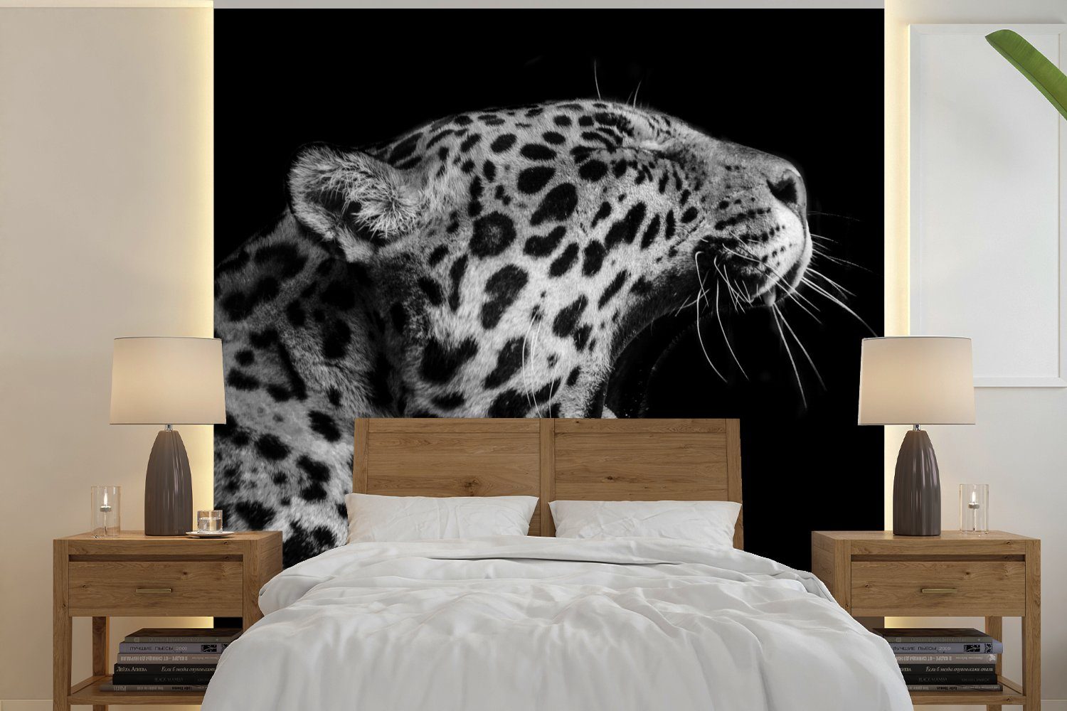 MuchoWow Fototapete Jaguar - Tier - Schwarz - Weiß, Matt, bedruckt, (4 St), Vliestapete für Wohnzimmer Schlafzimmer Küche, Fototapete