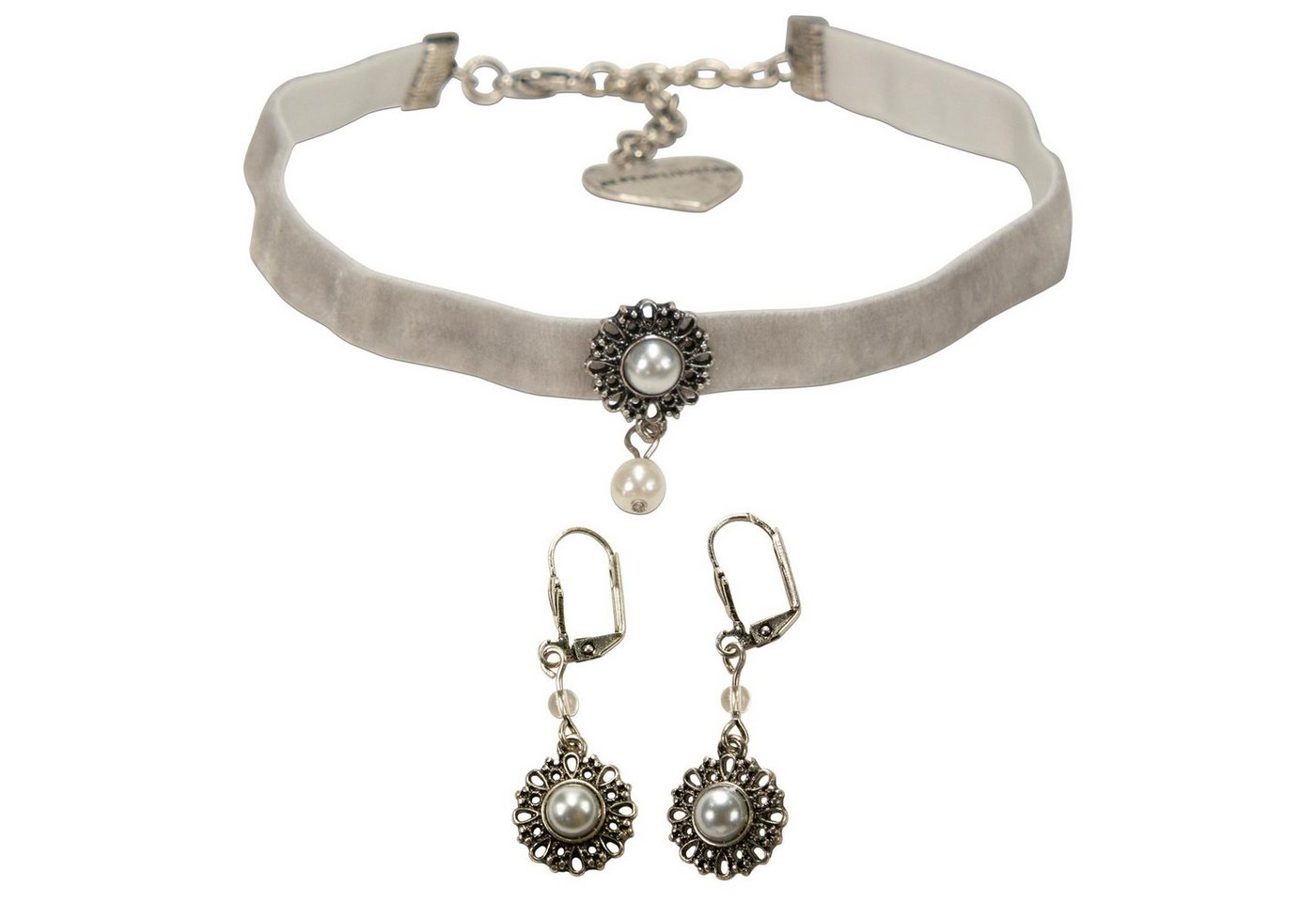Alpenflüstern Ketten-Set Trachtenschmuck-Set Trachten-Samt-Kropfband und Ohrhänger Helena (grau), - Damen-Trachten-Schmuck, Trachtenset Trachtenkette und Trachten-Ohrringe