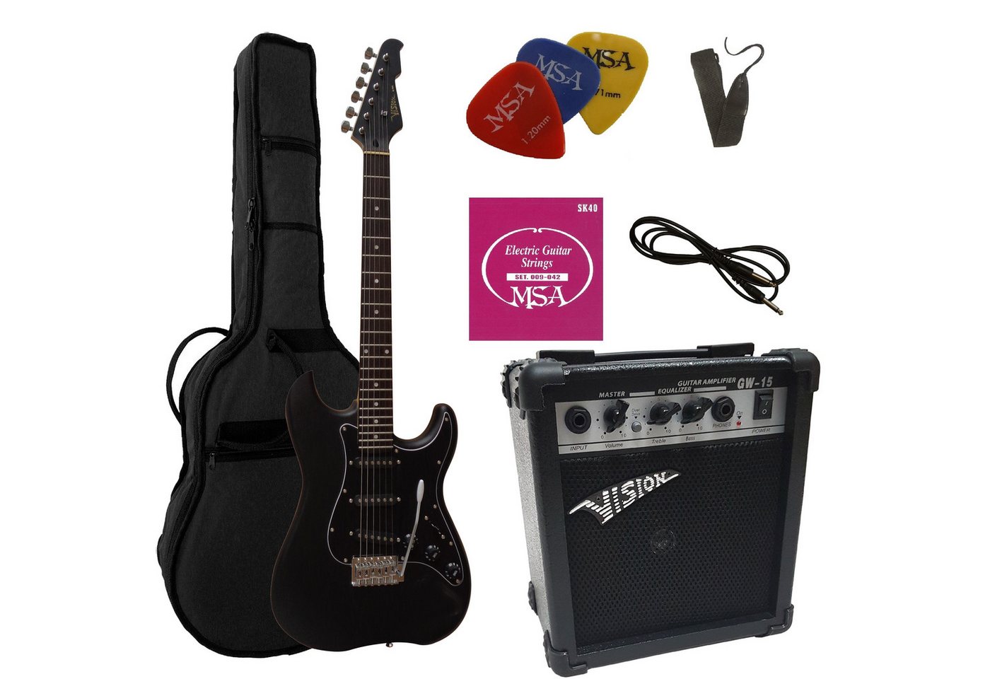 MSA E-Gitarre ST5, Elektrogitarre im Set, mit 20 Watt Verstärker, Tasche, Band,Saiten, 3xPik, Tremolo