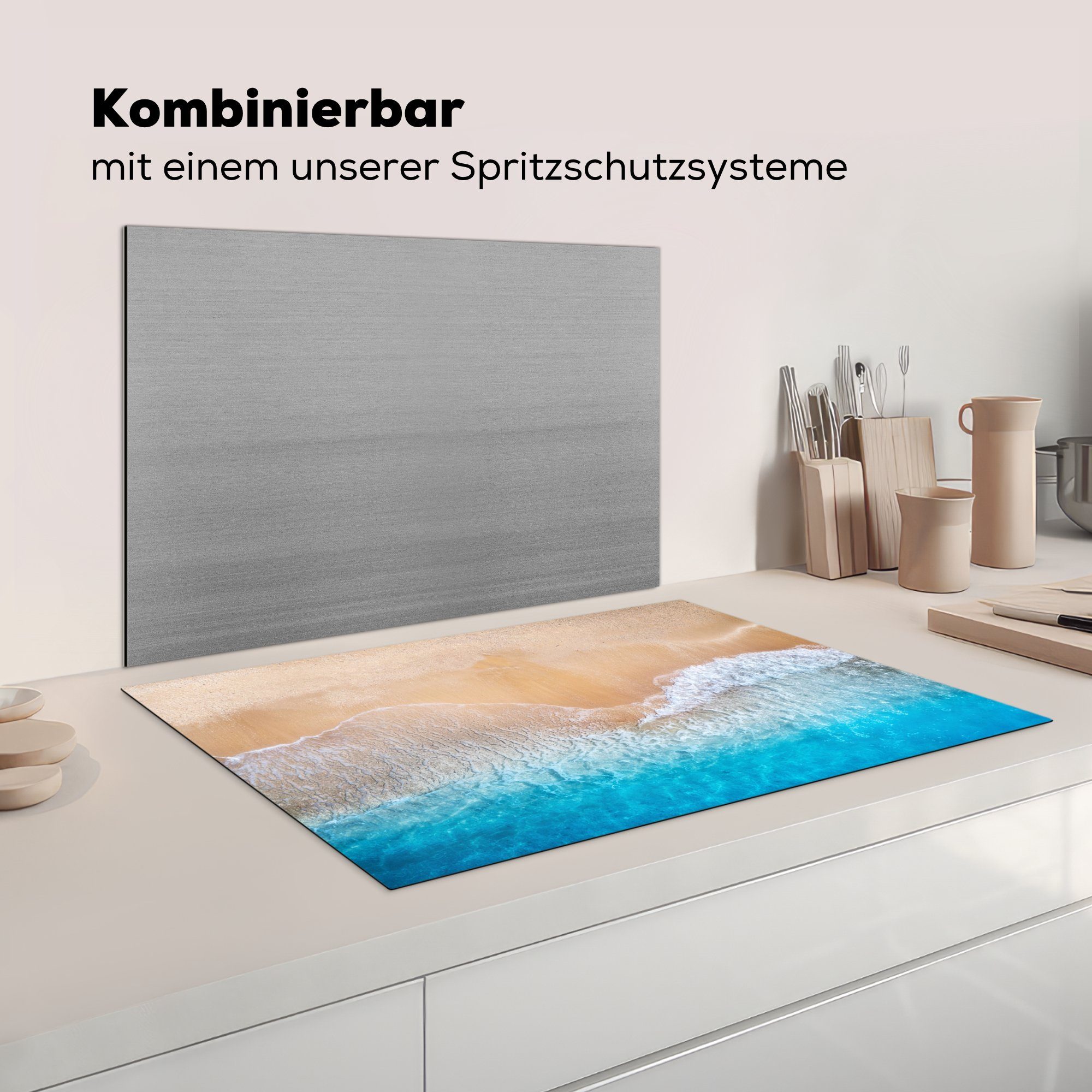 - (1 - Blau tlg), - 81x52 Wellen, - für Schutz Induktionskochfeld Sand Meer MuchoWow Ceranfeldabdeckung küche, - Herdblende-/Abdeckplatte Sommer cm, Strand die Vinyl,