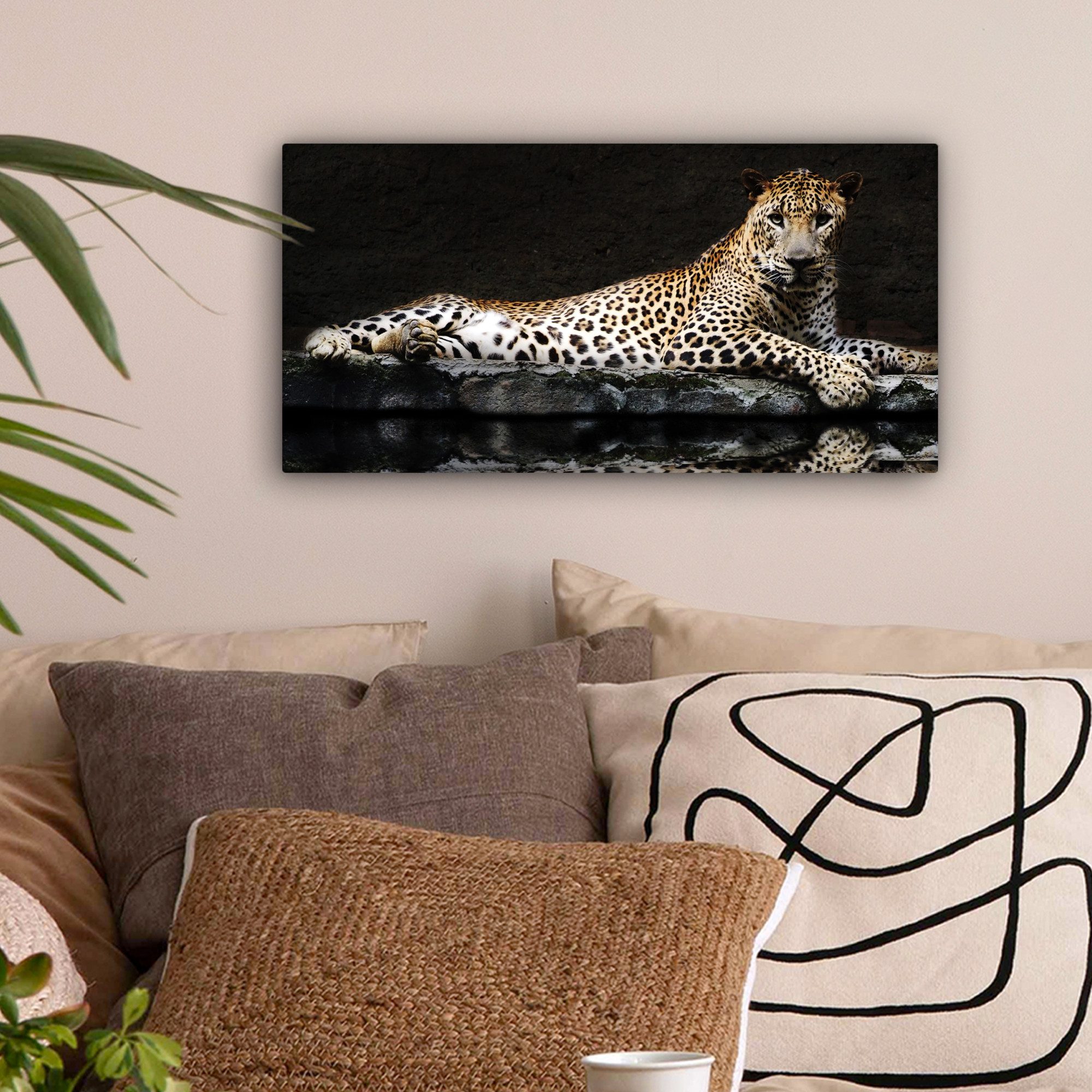 OneMillionCanvasses® Leinwandbild Panorama Leopard - Wasser günstig online kaufen