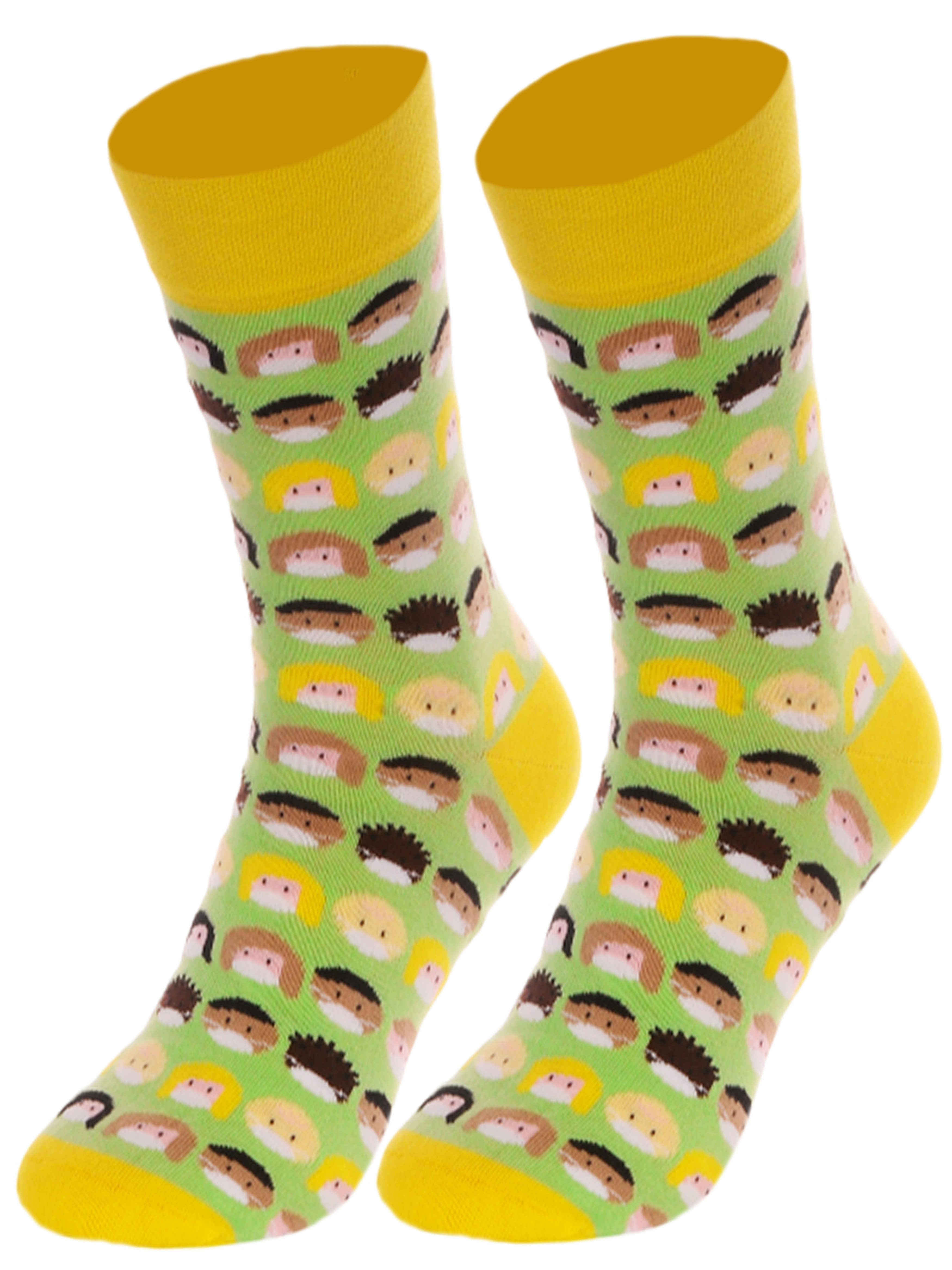 Martinex Freizeitsocken 1 Paar Socken lustige bunte witzige Strümpfe in Gelb gemustert elastisch, mit Masken-Motiv und Menschen Muster