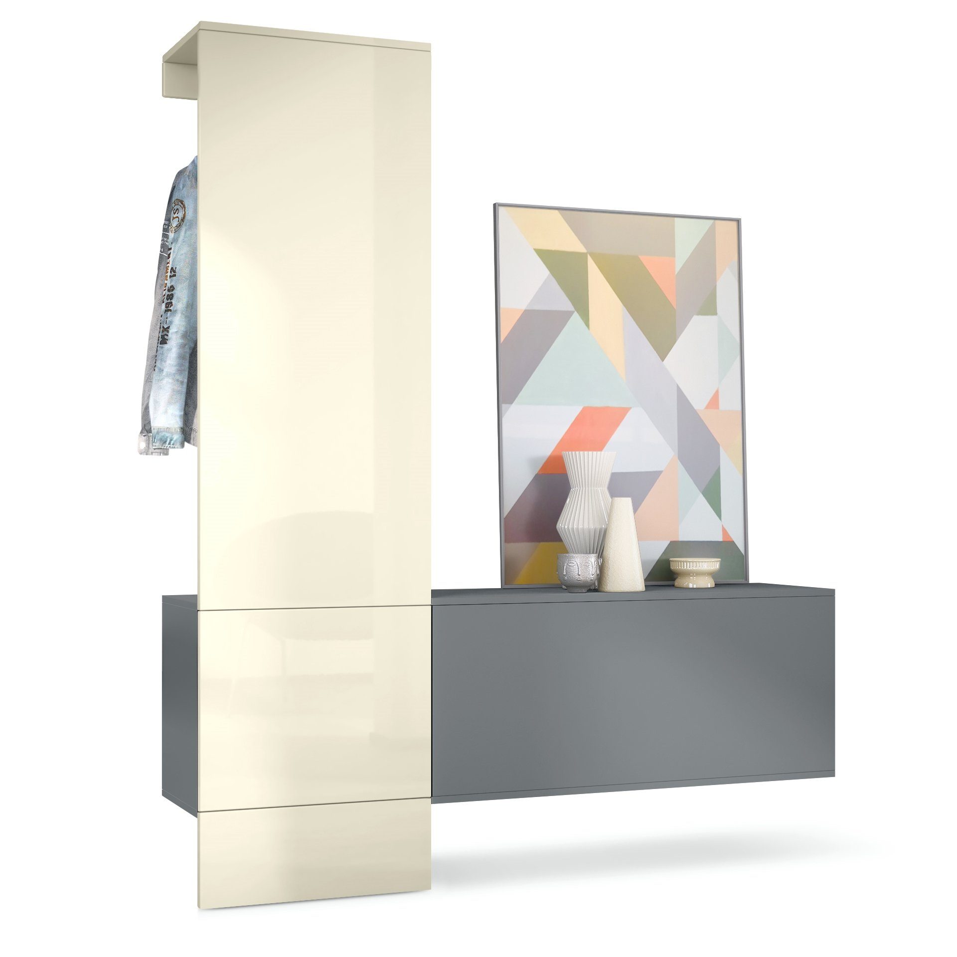 Vladon Garderoben-Set Carlton Set 4, (Wandgarderobe bestehend aus, 1 Paneel und 1 Schrankmodul), Anthrazit matt/Creme Hochglanz (156,5 x 193 x 35 cm)