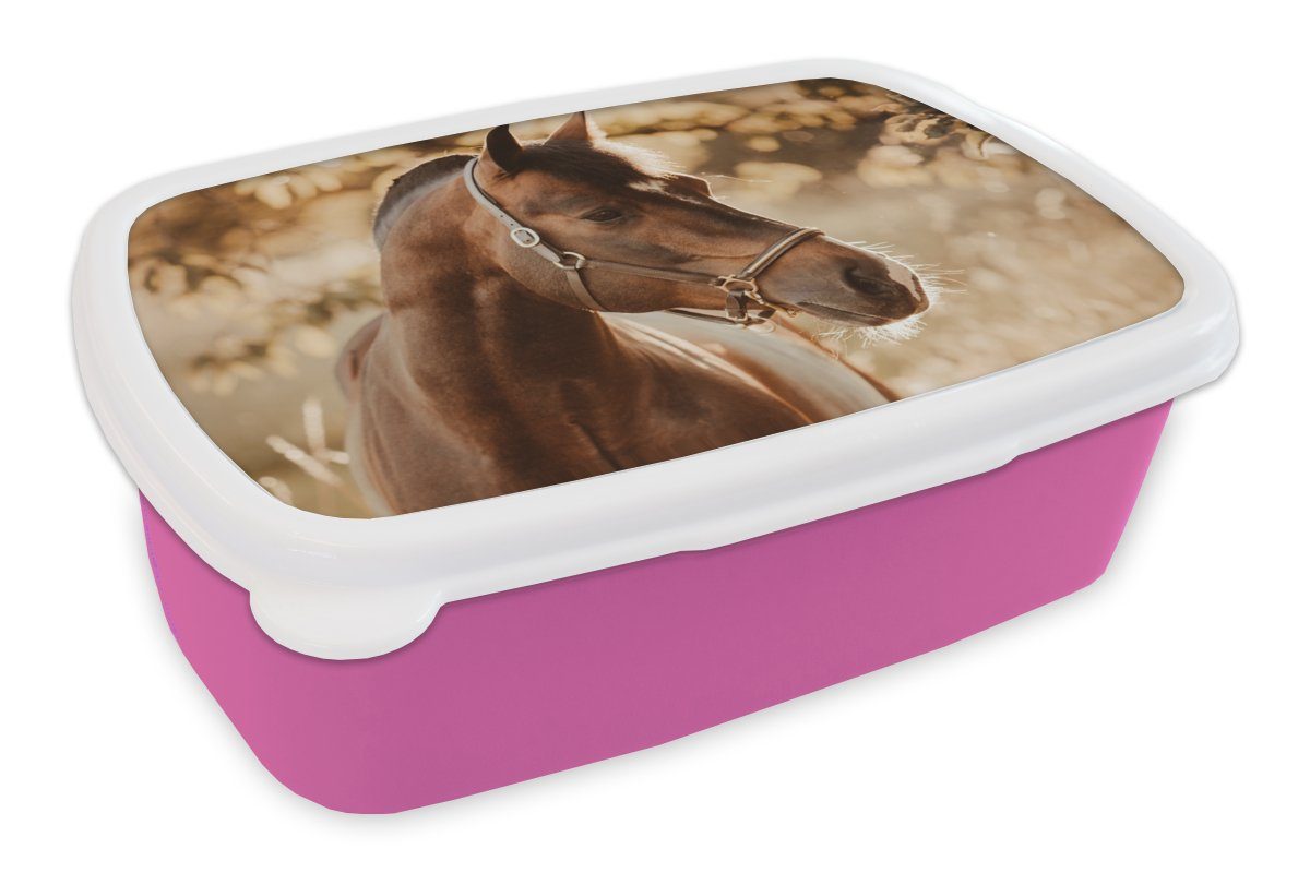 MuchoWow Lunchbox Pferd Braun, Kunststoff rosa Kinder, Sonne - - Erwachsene, Porträt - Mädchen, für Brotdose Natur Kunststoff, Snackbox, - Brotbox (2-tlg)