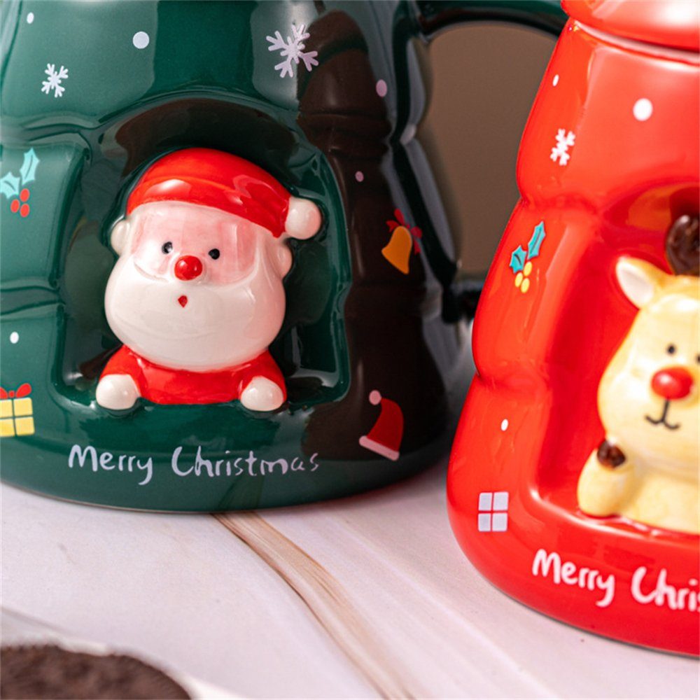 Rouemi Tasse Weihnachts-Keramikbecher, Elchbecher mit Deckel Geschenkkarton Blau Löffel