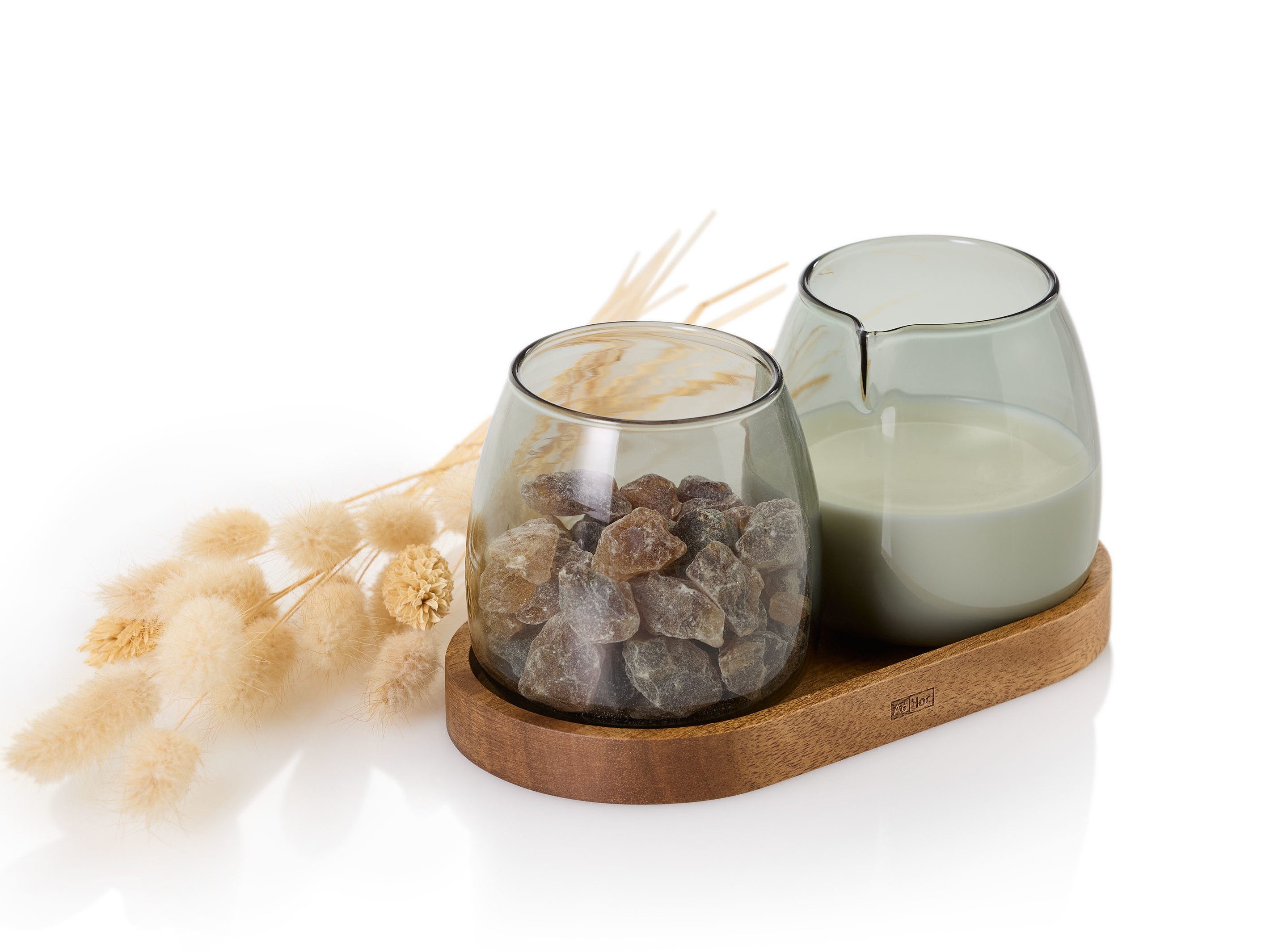 AdHoc Milchkännchen und Zuckerdose Yuna im Set mit Untersetzer, 0,23 l, (3-St), Holz & Borosilikatglas, mundgeblasenes Unikat in Rauchgrau