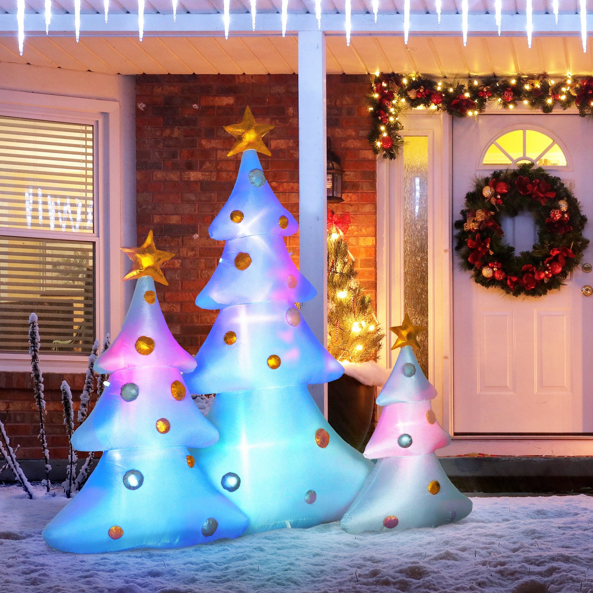 HOMCOM Weihnachtsfigur LED-Lichter Aufblasbare Weihnachtsdekoration für Außenbereich Hof (Weihnachtdeko, 3 St., Aufblasbarer Weihnachtsbaum), inkl. Befestigungsmaterial
