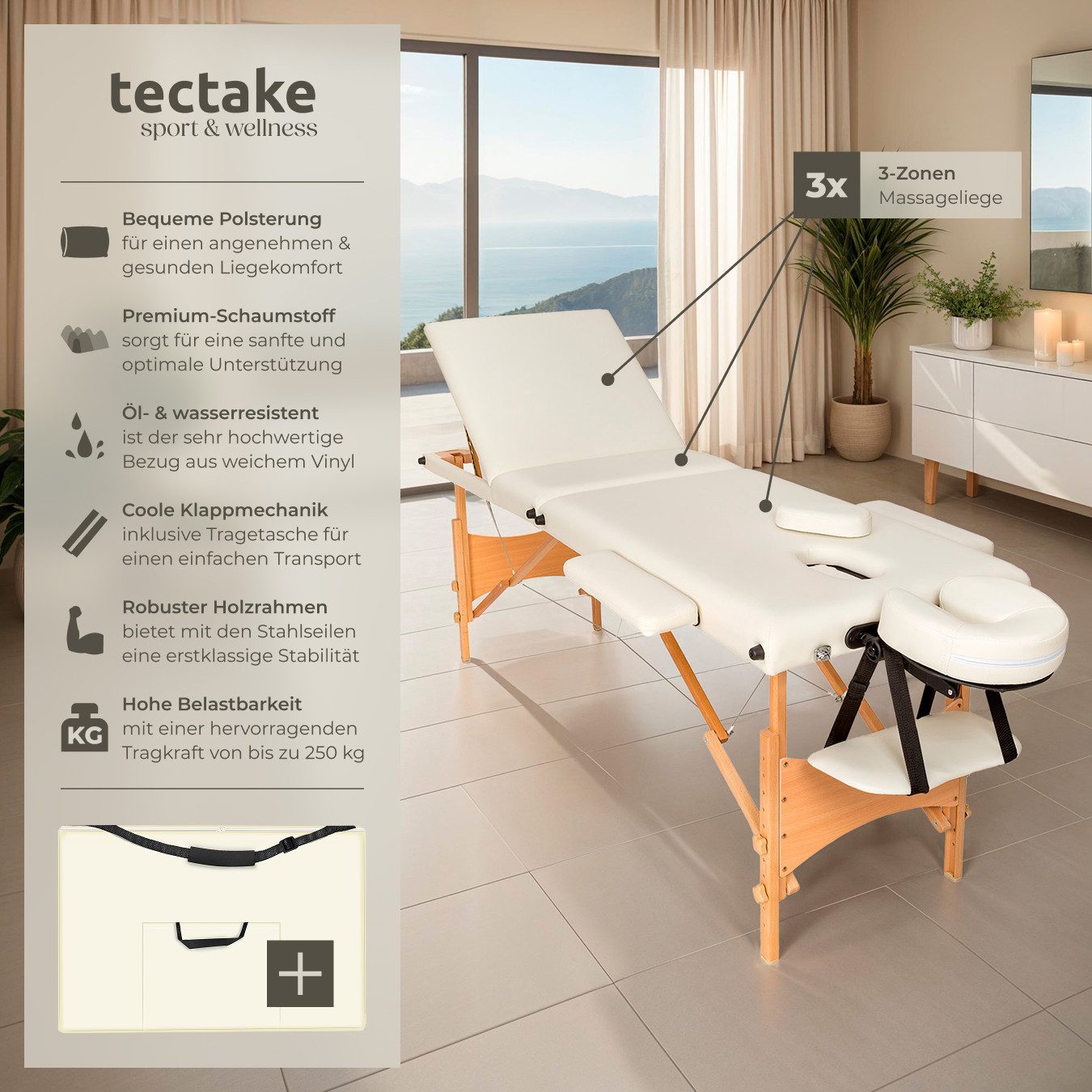 tectake Massageliege Massagetisch klappbar mit Holzgestell, Polsterung (Tragbarer Massagetisch Daniel, 1-St., in Beige), Inkl. Tragetasche, bis 250 kg belastbar, 62-84 cm höhenverstellbar
