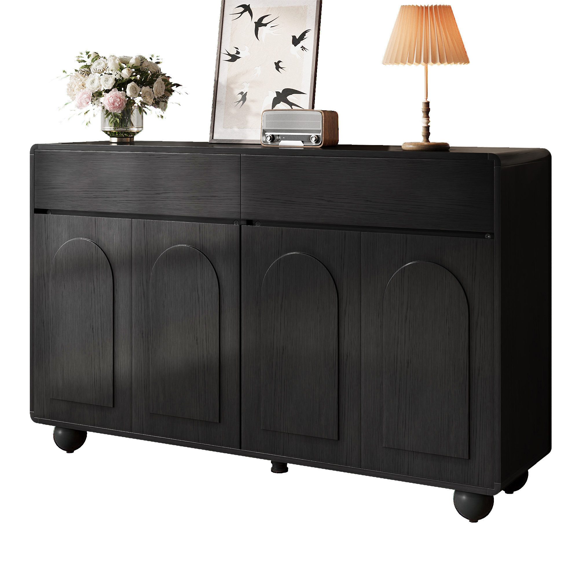 Odikalo Sideboard Kommode Wohnzimmerschrank 2Schübe+4Türen, Bogenfront (höhenverstellbare Regale,runde Metallfüße,stabile PB/MDF-Konstruktion)