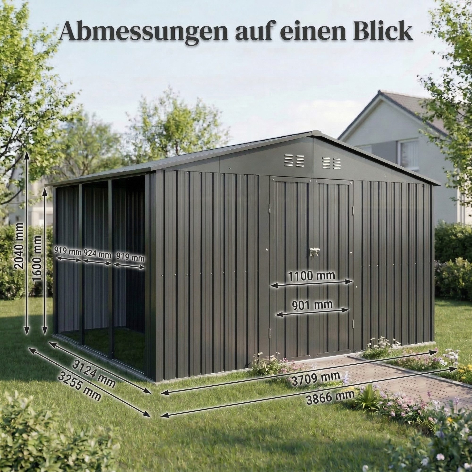 Albatros International Gerätehaus Gerätehaus 4XL abschließbar Schloss & Werkzeughaken, Geräteschuppen, BxT: 325.5x386.6 cm, (Anthrazit RAL 7016, 386,6x325,5x204cm), Gartenhaus mit Holzunterstand aus verzinktem wetterfestem Metall