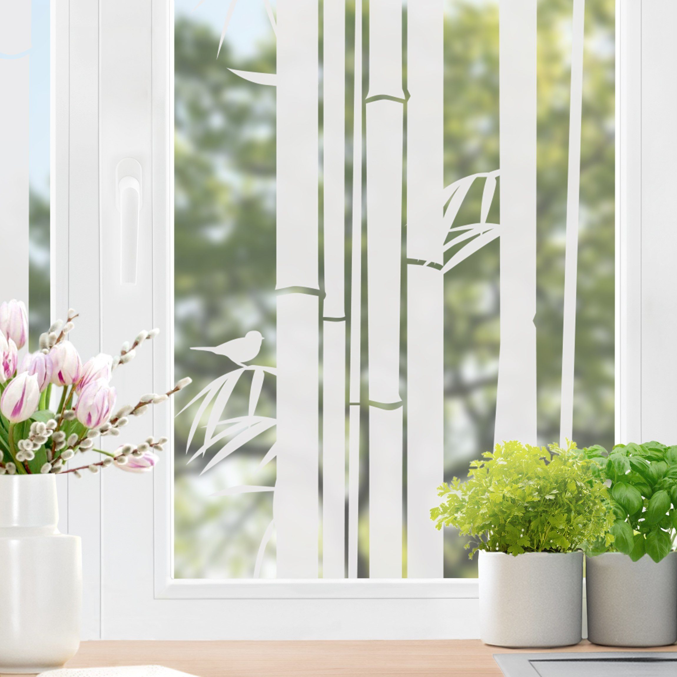 Fensterfolie statisch haftend Motiv Fensterdeko Bambus II Blume, Bilderdepot24, blickdicht, Innen Fenster Tür Balkontür Küche Badezimmer Wohnzimmer Schlafzimmer