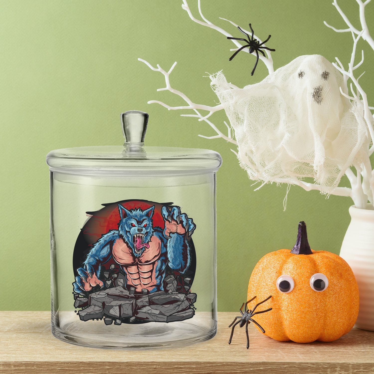 Werwolf Glas, Keksdose V2 Design, Set) (Kein - mit GRAVURZEILE Halloween UV-Druck