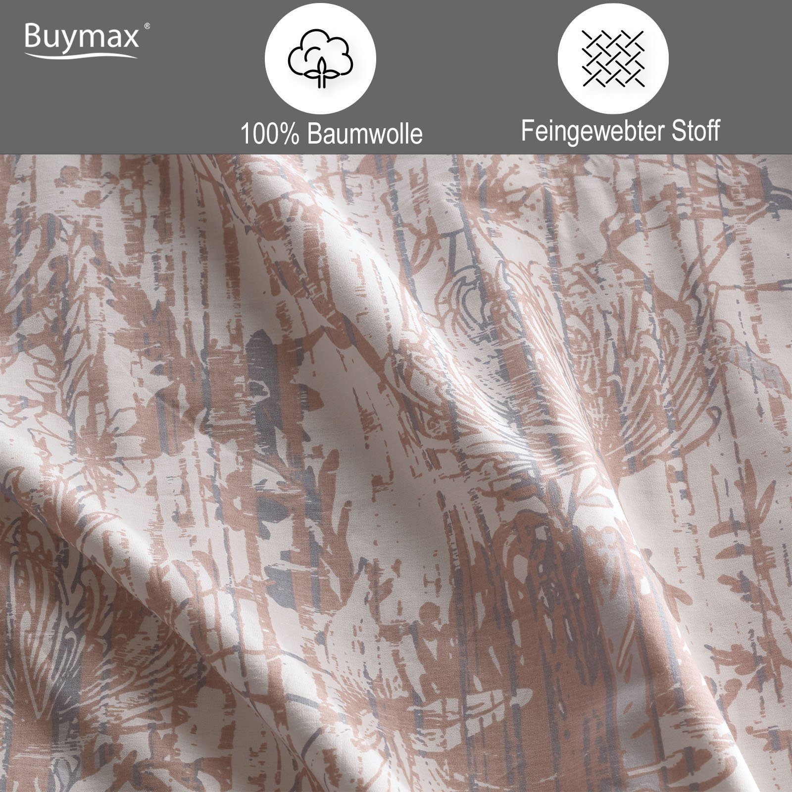 Buymax Bettwäsche Buena Wende-Bettwäsche, Blumen, Renforce: 100% Baumwolle, 2 teilig, mit Reißverschluss, gemustert, Blumen, Braun Weiß, 155x220 cm – Bild 3 von 4