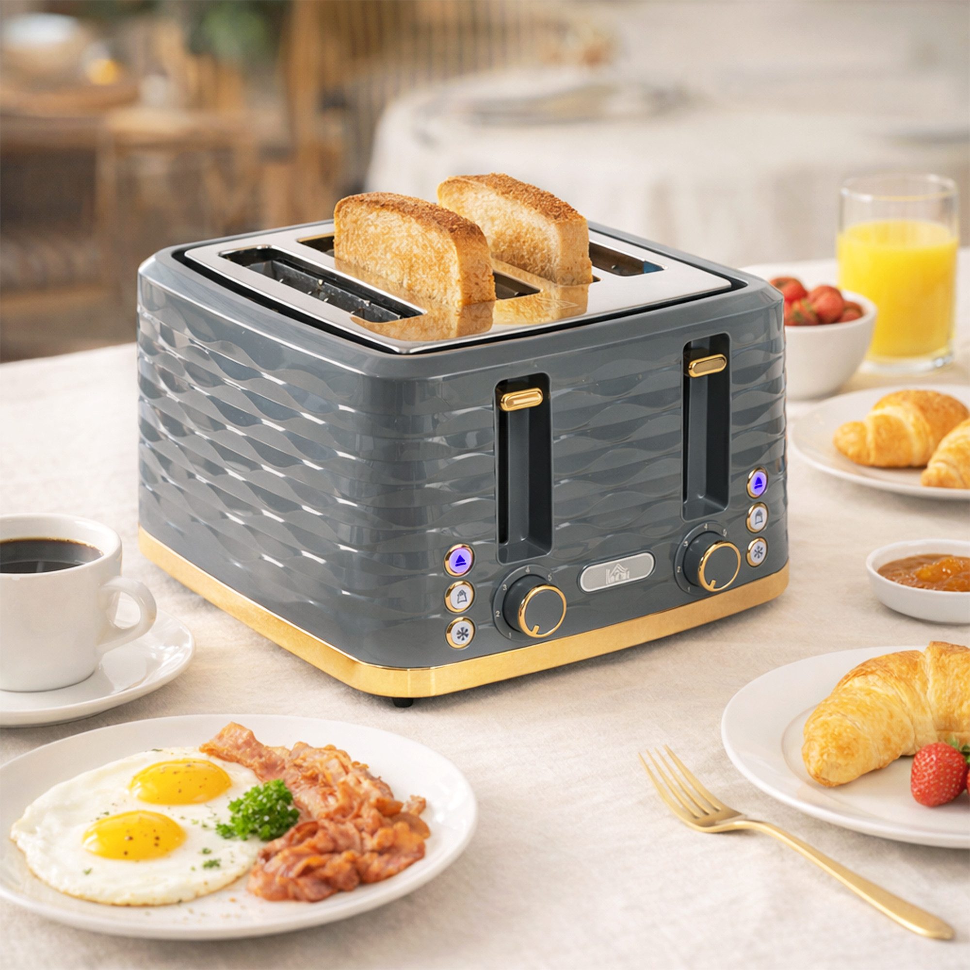 HOMCOM Toaster High-Lift, Aufwärm-/Auftau-/Abbruchs-Funktion, Selbstzentrierung, 4 kurze Schlitze, für 4 Scheiben, 1860 W, Automatische Abschaltung, 7 Bräunungsstufen