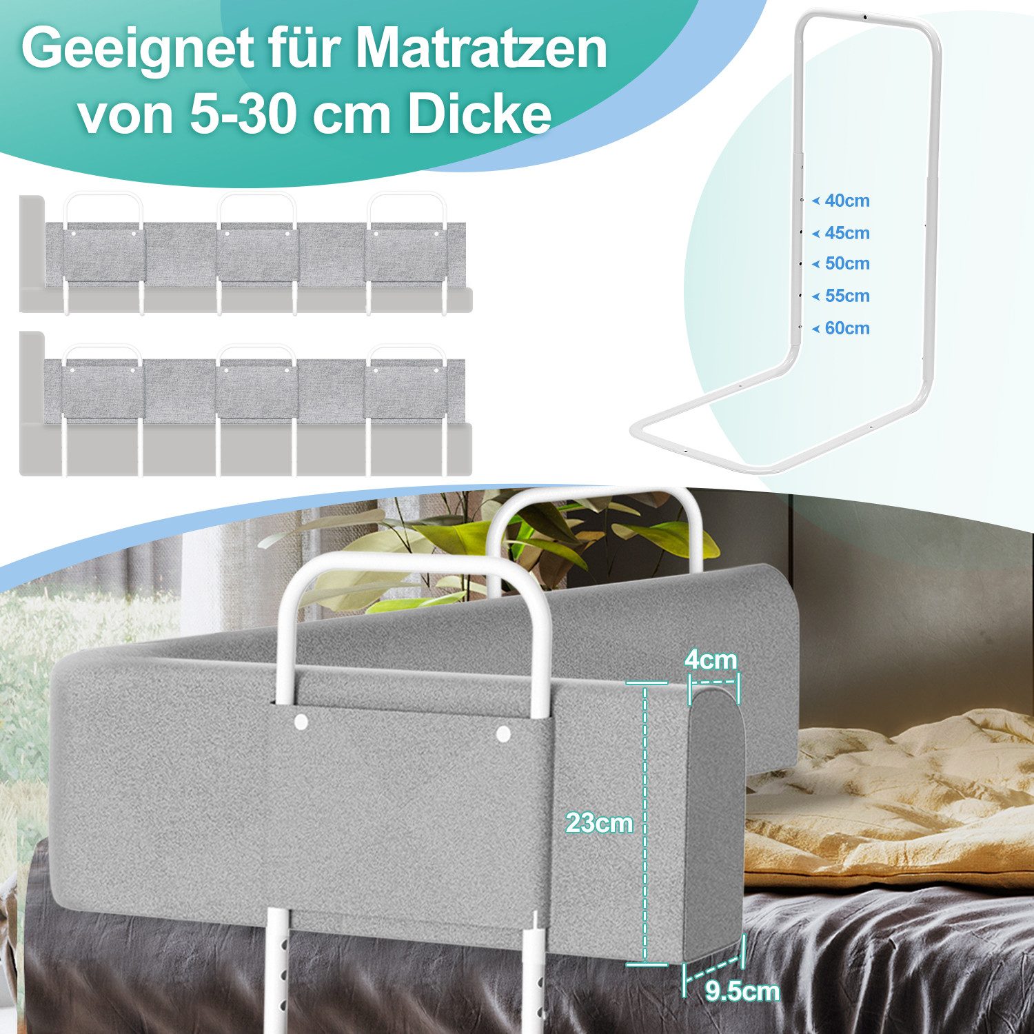 Clanmacy Bettschutzgitter Rausfallschutz Bett 5-Loch Höhenverstellbar Bettgitter 150cm (und strapazierfähigem Polyester Canvas Material 150-200cm), aus Metall – Bild 4 von 5