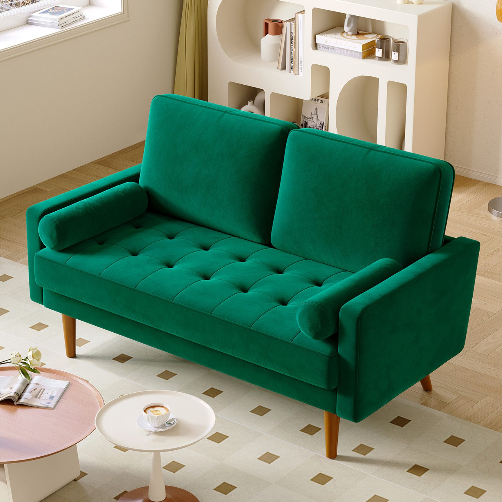 OUNUO Sofa 121cm Kleines Loveseat Sofa, Samtcouch mit 2 Wurfkissen